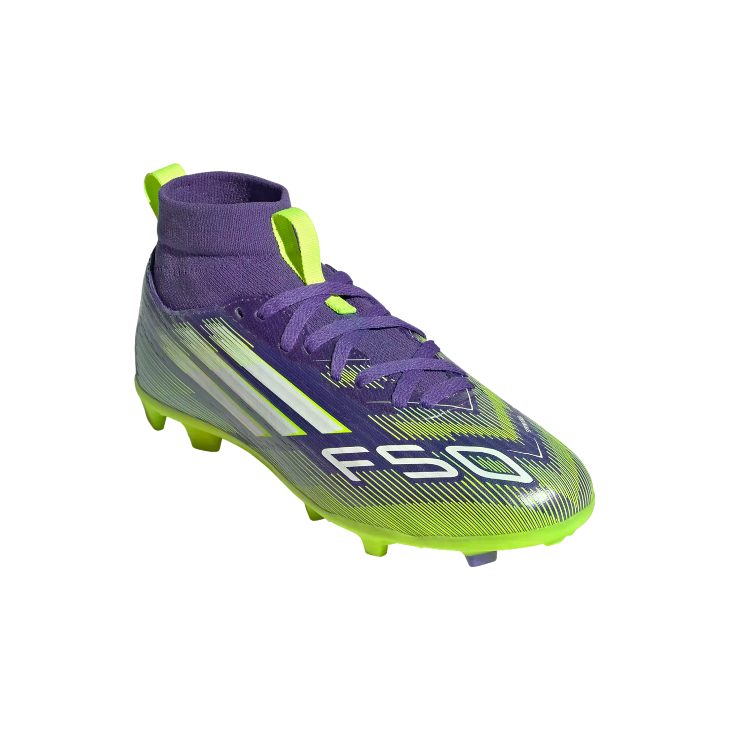 Purple and neon green Adidas F50 soccer cleat with a high-top collar and lime green studs, isolated on a black background.