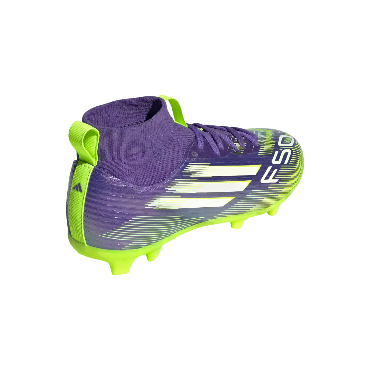 A purple and lime green Adidas F50 soccer cleat with a mid-cut collar and white stripes, shown from a rear-side angle on a black background.