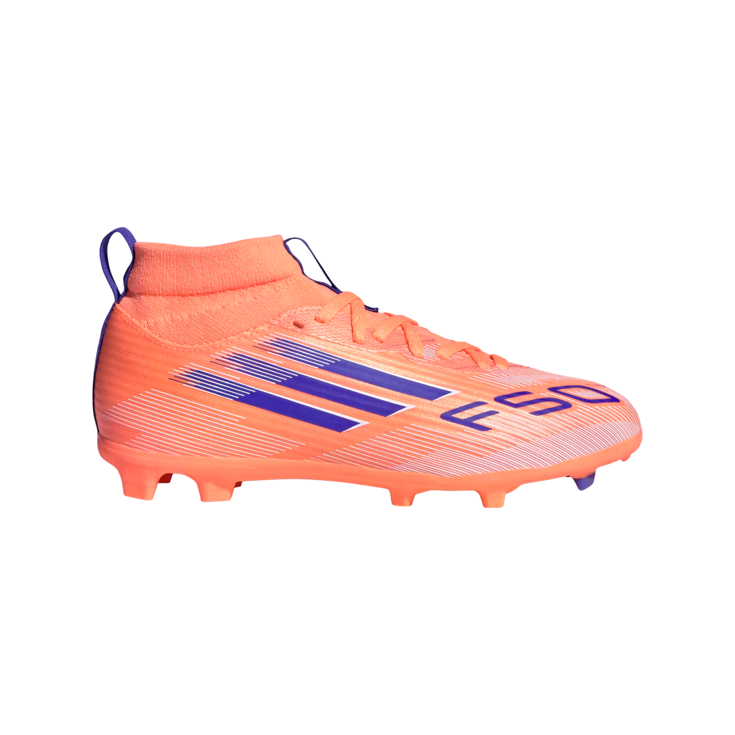 Bright orange Adidas F50 soccer cleat with purple stripes and an integrated sock collar, set against a solid black background.