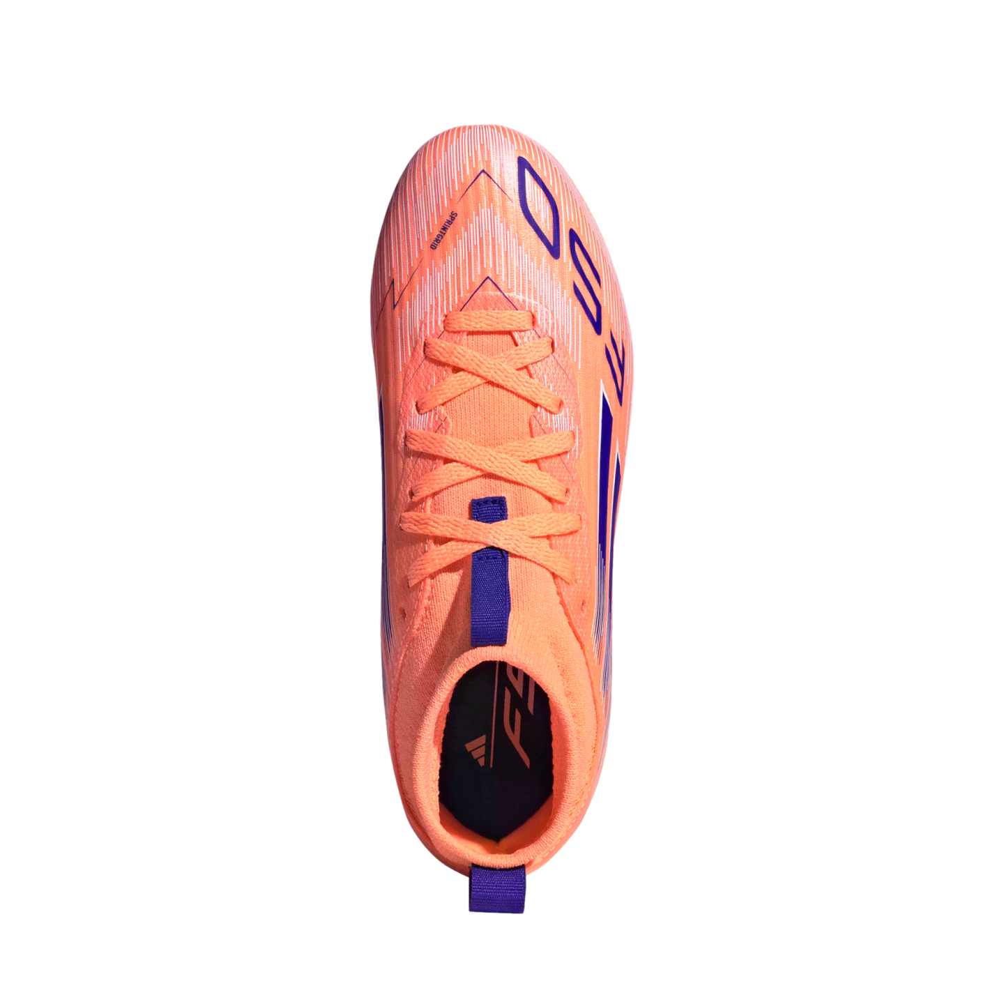 Top-down view of a bright orange Adidas F50 soccer cleat with purple accents, isolated on a black background.
