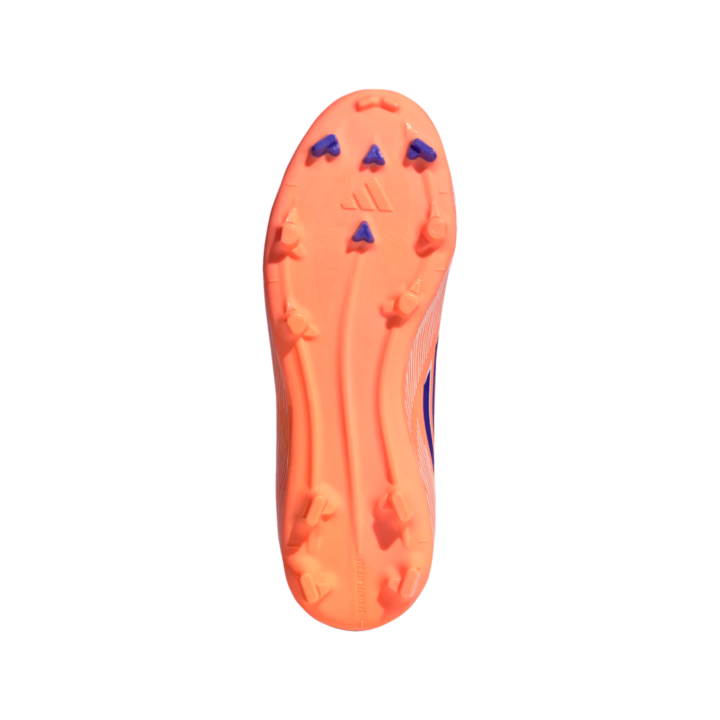 Bottom view of an orange Adidas soccer cleat soleplate with purple and orange studs against a solid black background.