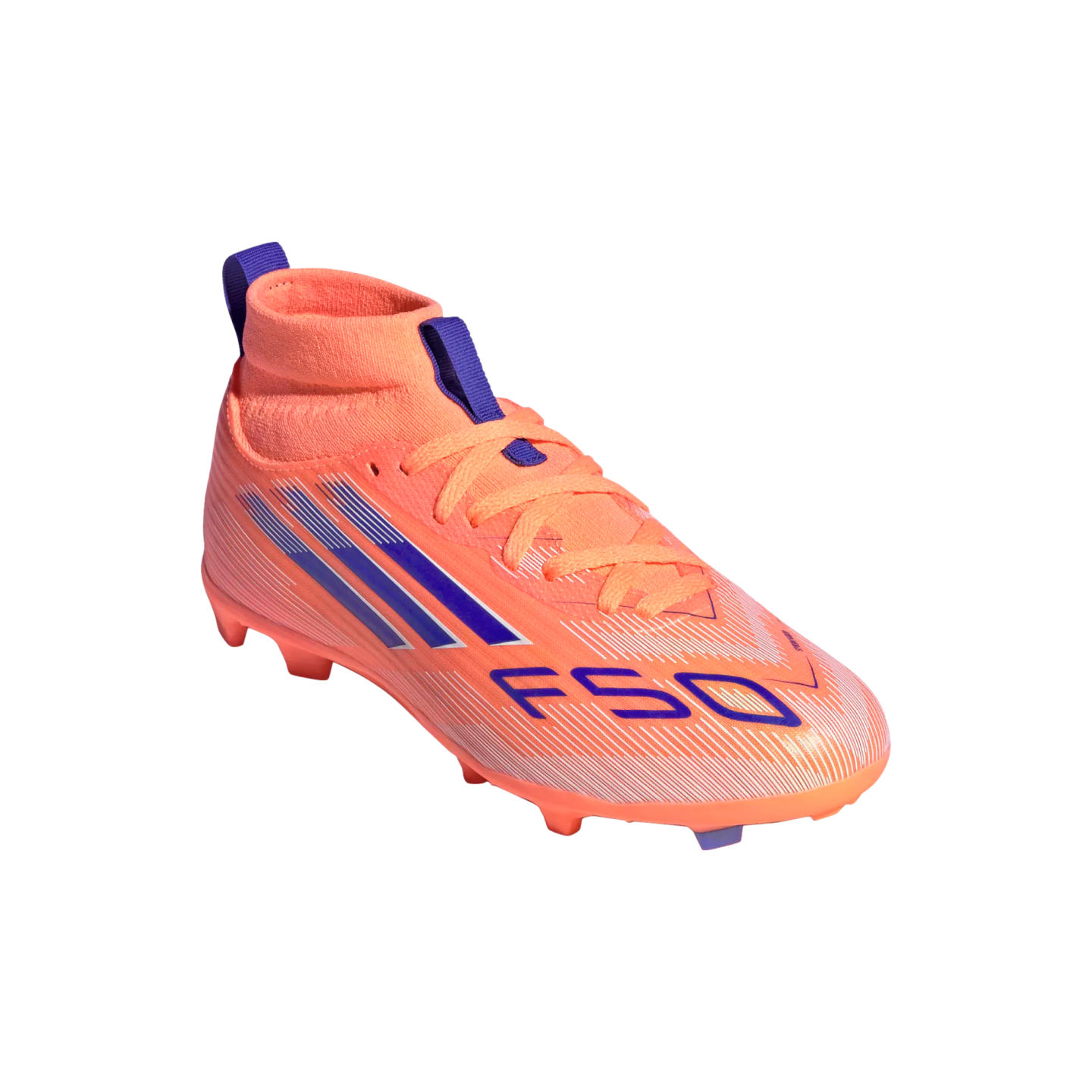 Bright orange Adidas F50 soccer cleat with purple stripes and "F50" branding on a solid black background.