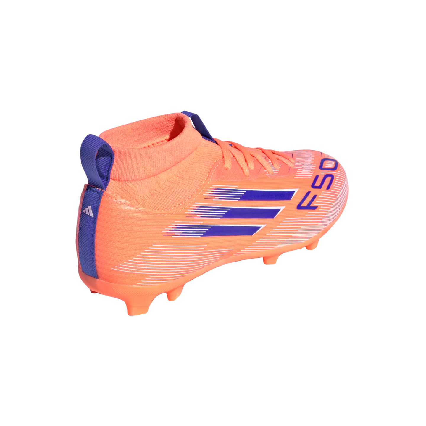An orange Adidas F50 soccer cleat with purple accents, featuring a high-top sock collar and three side stripes, isolated on a black background.