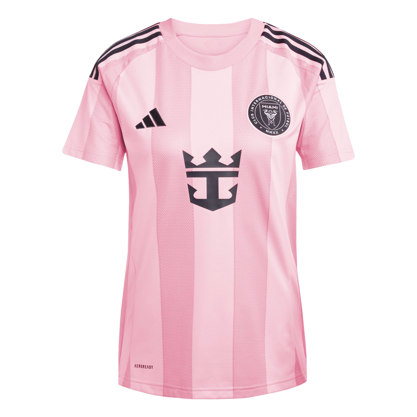 A pink Inter Miami CF home jersey by Adidas featuring the team crest, Royal Caribbean logo, and signature black three-stripes on the shoulders.