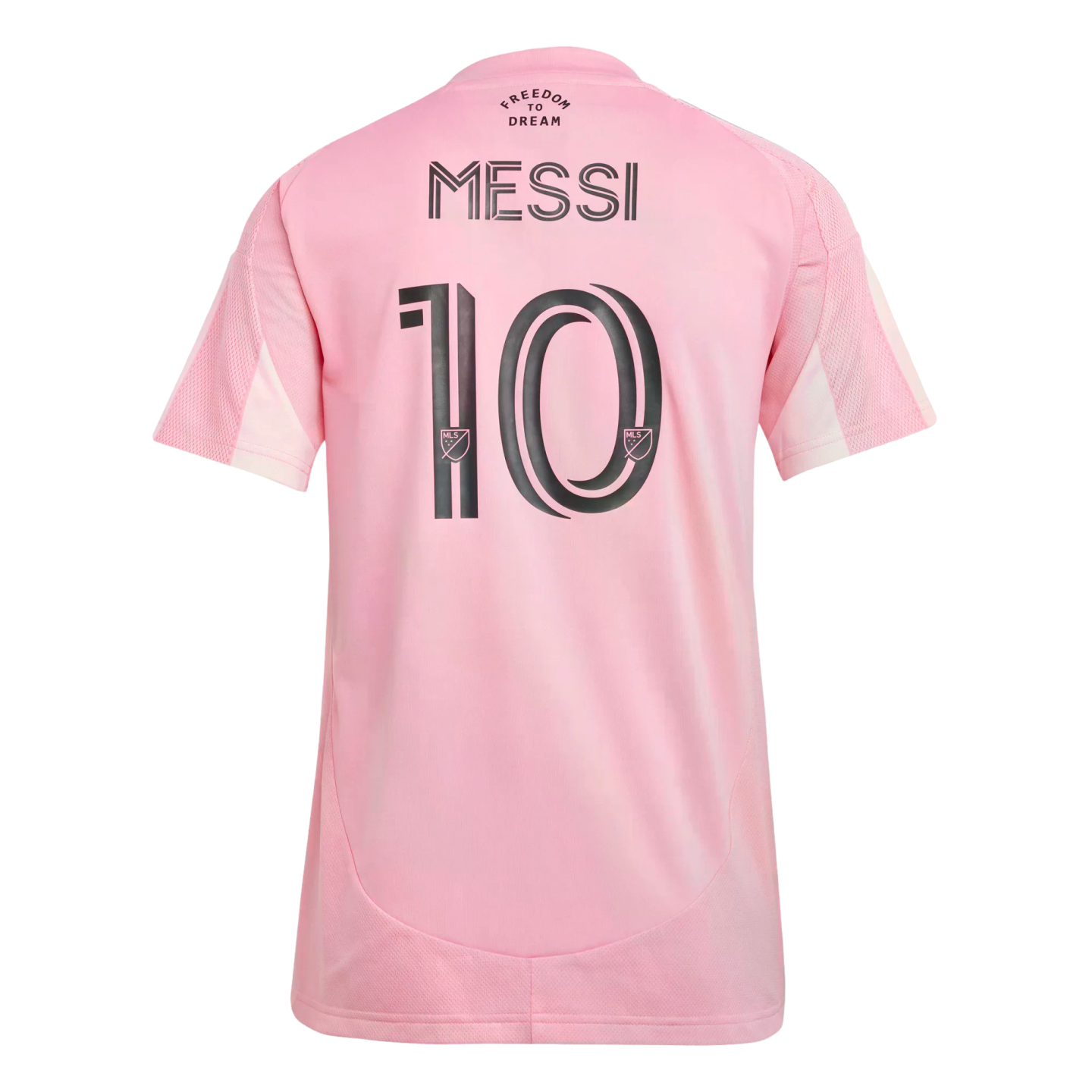 The back of a pink soccer jersey with "MESSI" and the number "10" in black. "FREEDOM TO DREAM" is printed on the upper back.