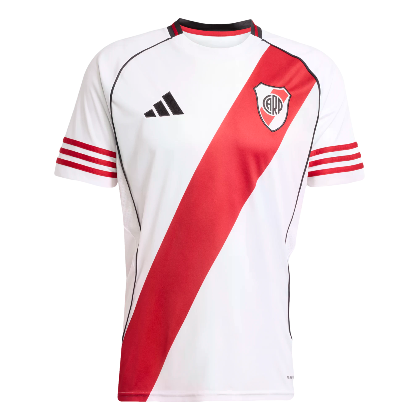 A white Adidas football jersey featuring a diagonal red sash, a team crest on the left chest, and three horizontal red stripes on each sleeve.