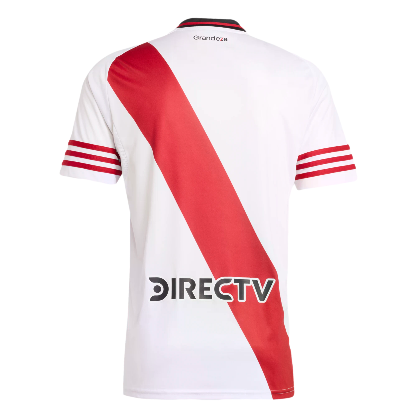 Back of a white River Plate soccer jersey with a red diagonal sash, red-striped sleeves, and a DIRECTV logo.