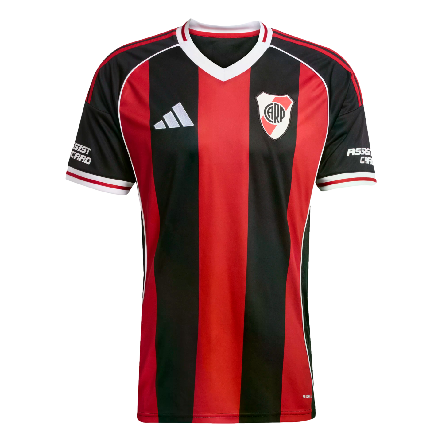 Adidas River Plate soccer jersey with red and black vertical stripes, featuring the club crest and white collar details.