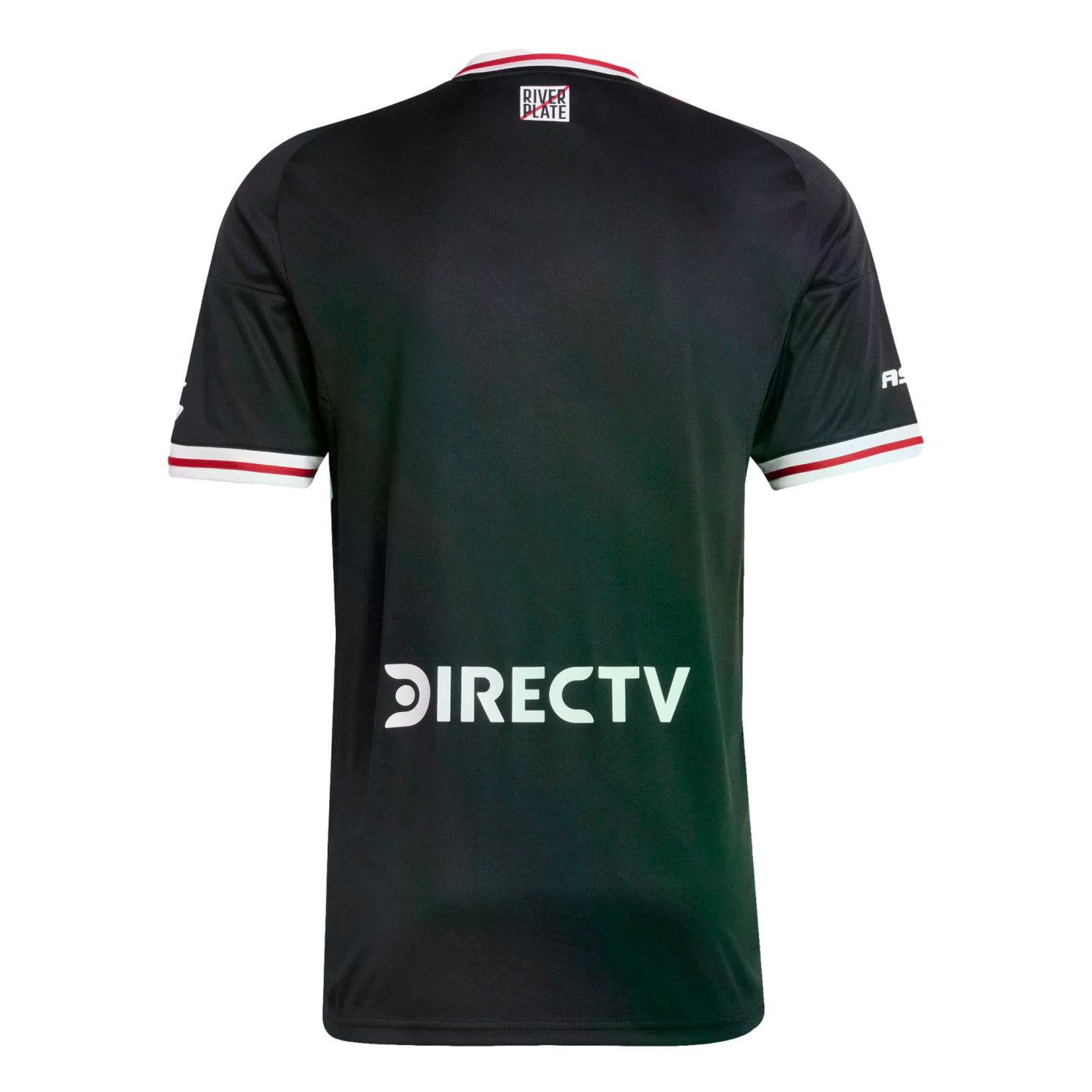 Back of a black soccer jersey with a white DIRECTV logo, red and white striped sleeve and collar trim, and a small River Plate logo below the neckline.