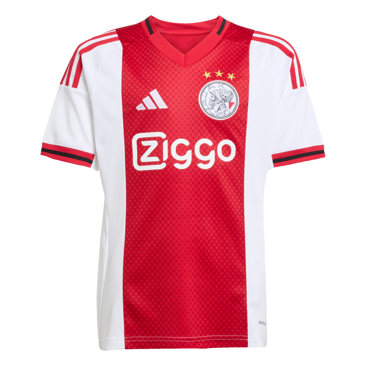 An AFC Ajax home soccer jersey in white and red, featuring the club crest, Adidas logo, and Ziggo sponsor. It has a thick red central stripe and white sleeves with red shoulder stripes.