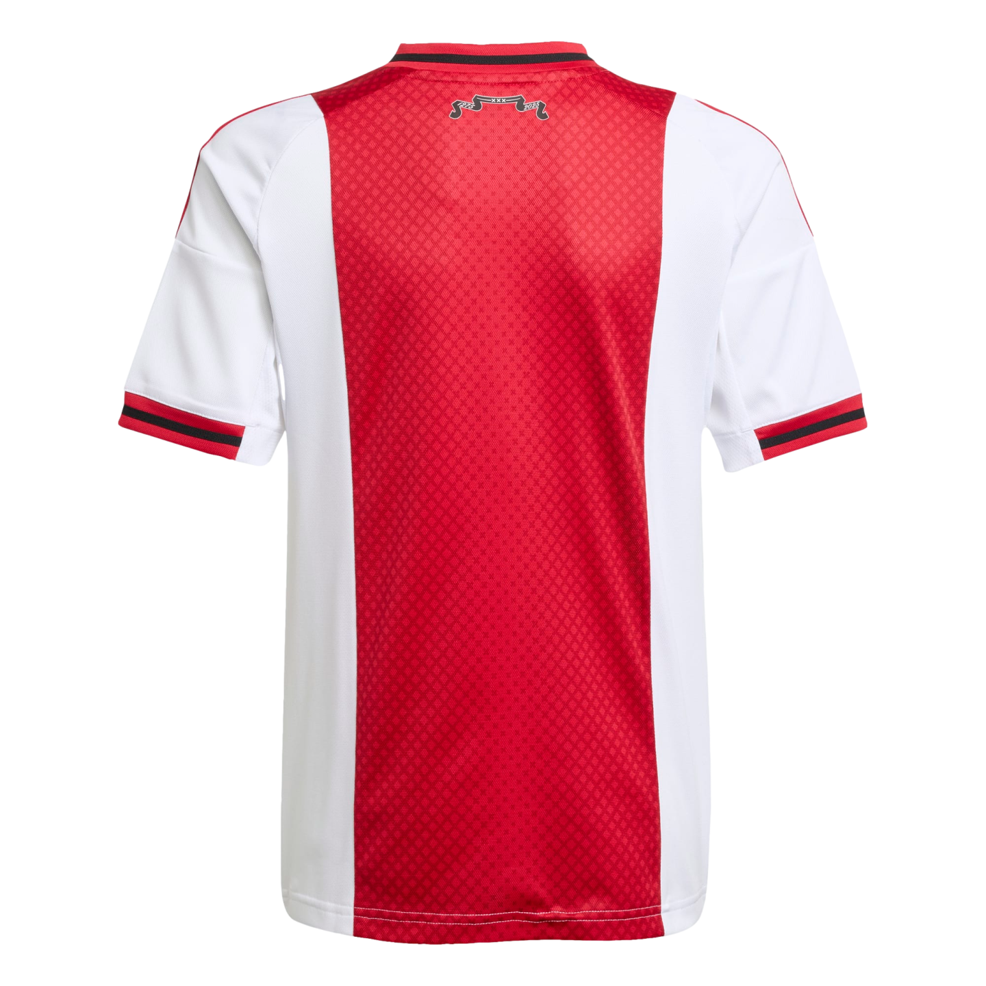 Rear view of a red and white soccer jersey with a wide red central stripe, white sides and sleeves, and black-and-red trim on the collar and cuffs.