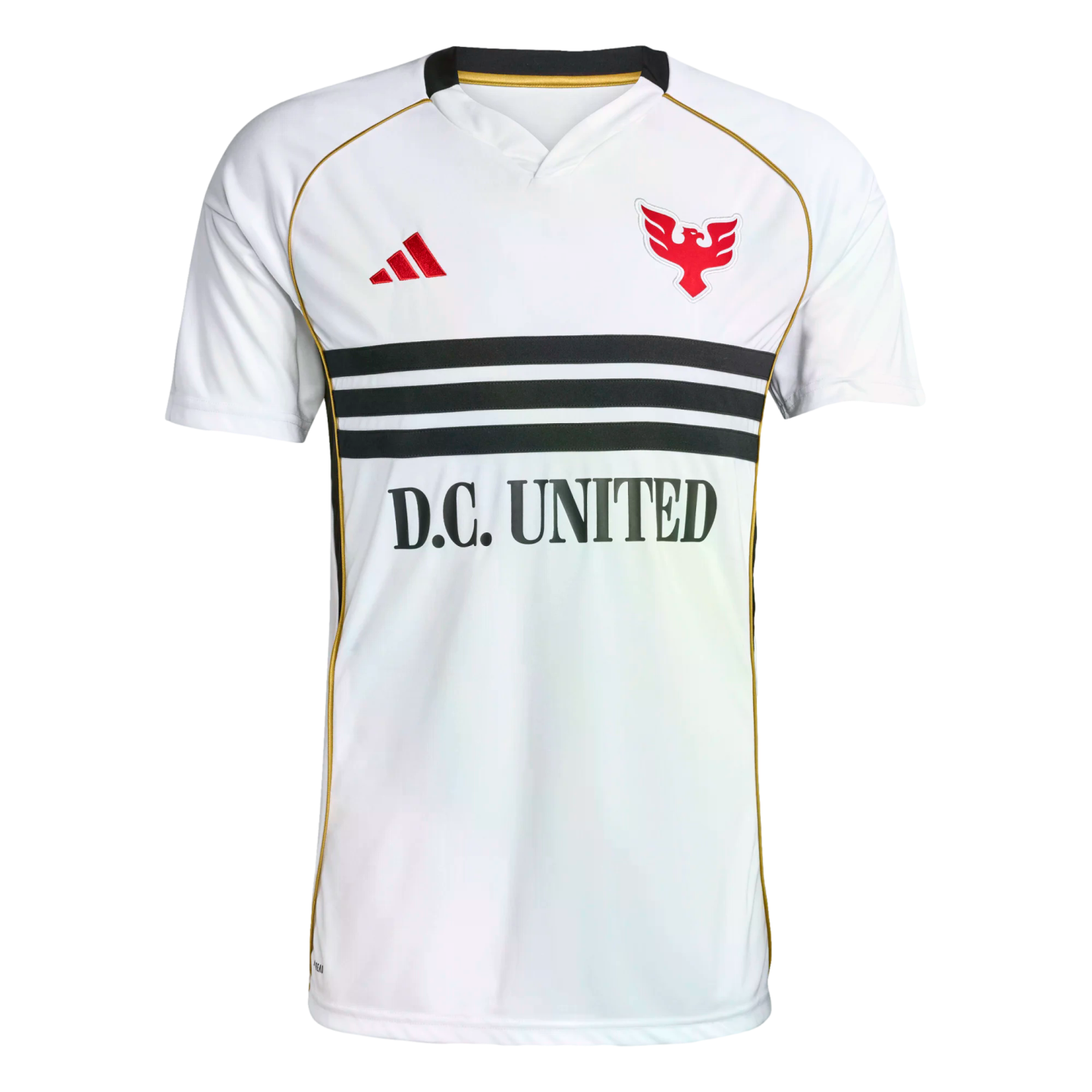 White D.C. United soccer jersey with three horizontal black chest stripes, a red eagle crest, and a red Adidas logo. Features gold trim and 'D.C. UNITED' printed across the middle.