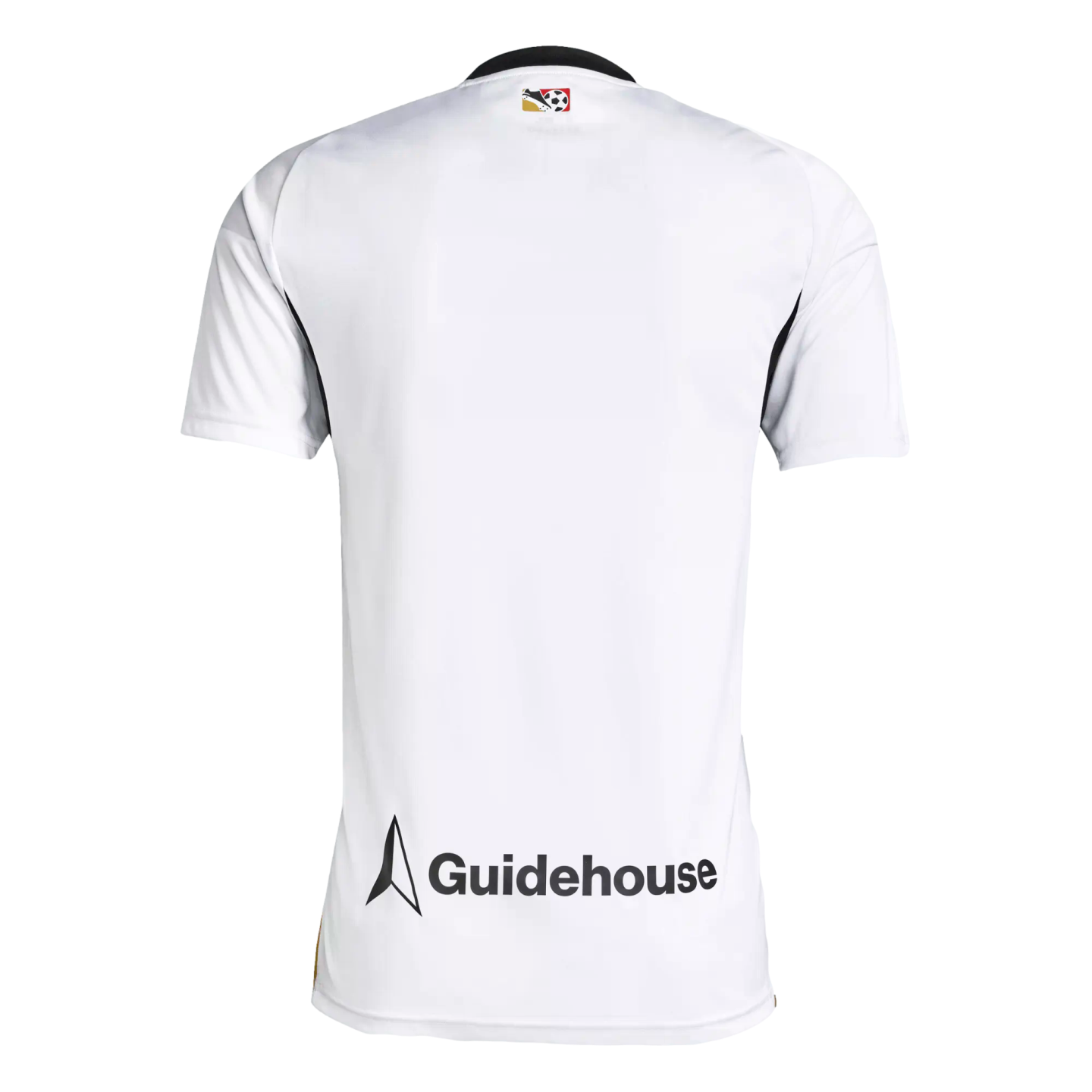 Back view of a white short-sleeved jersey with a small logo at the neck and a large Guidehouse logo on the lower back.