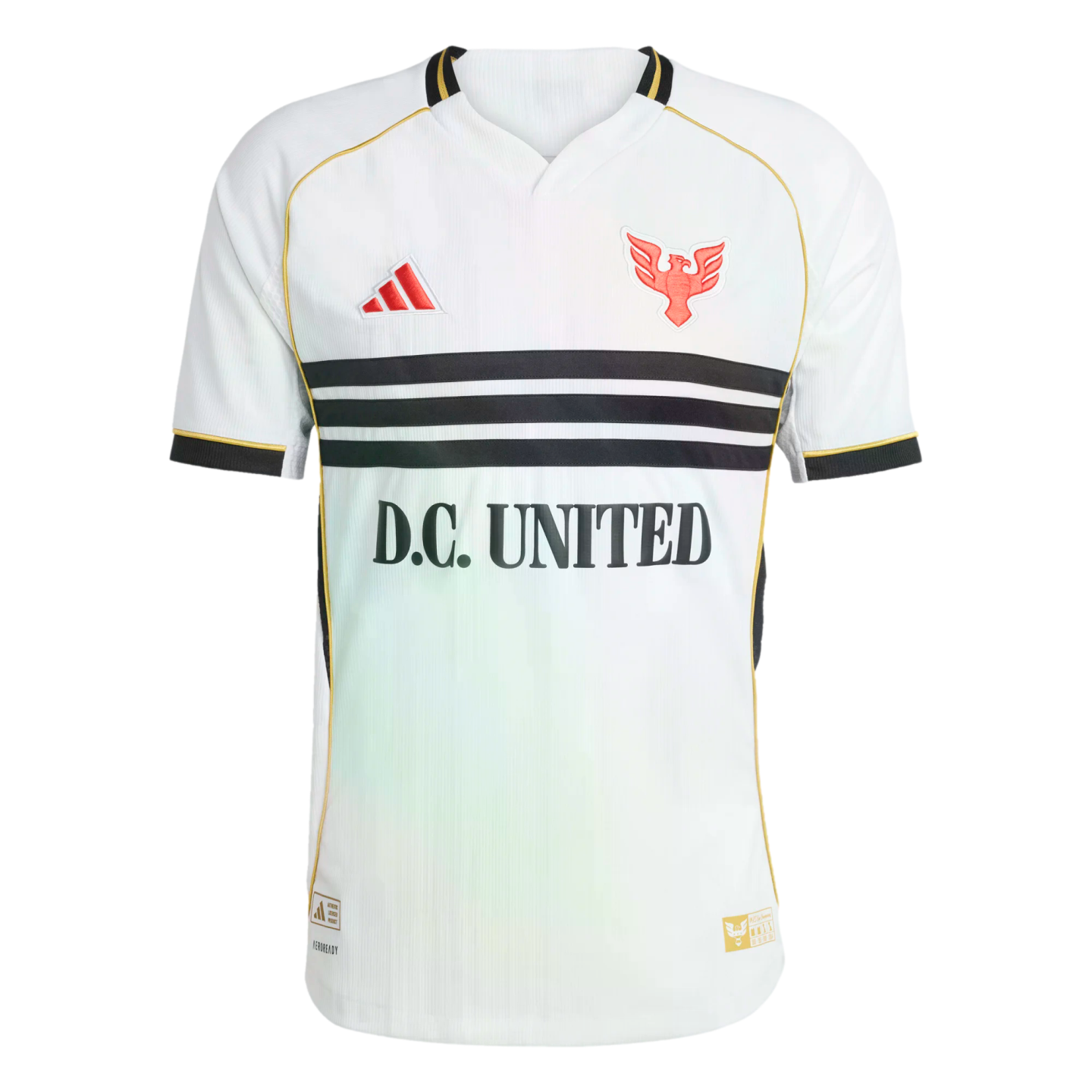 A white Adidas D.C. United soccer jersey featuring three horizontal black stripes across the chest, red logos, and gold trim accents.