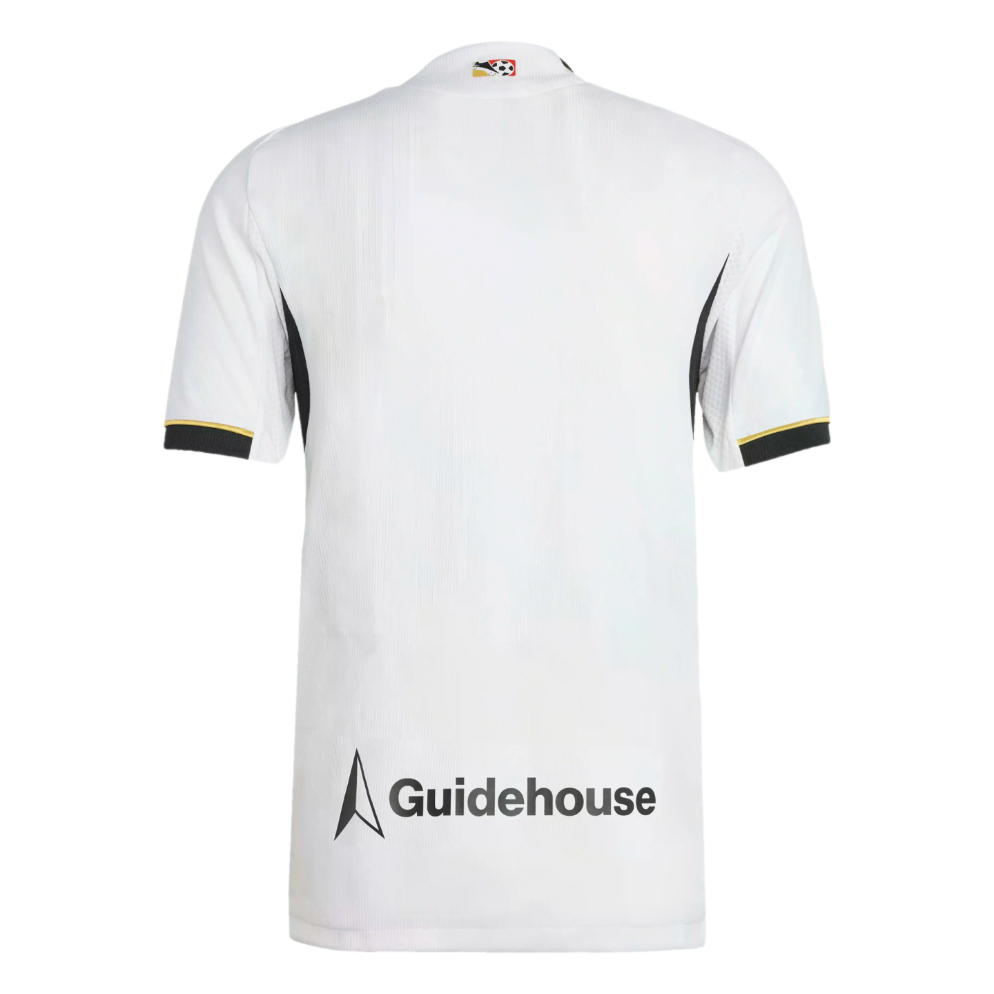 Back view of a white short-sleeved sports jersey with black and gold sleeve trim and a large "Guidehouse" logo printed near the bottom hem.
