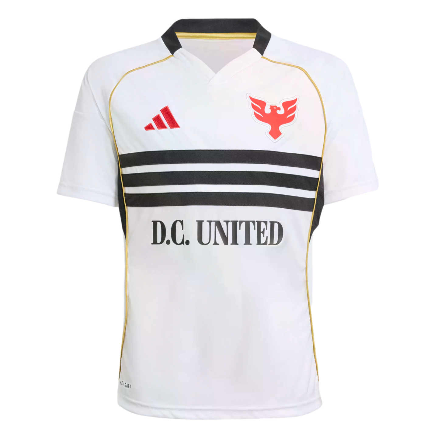 White D.C. United soccer jersey featuring three black horizontal stripes across the chest, a red eagle crest, a red Adidas logo, and gold trim.