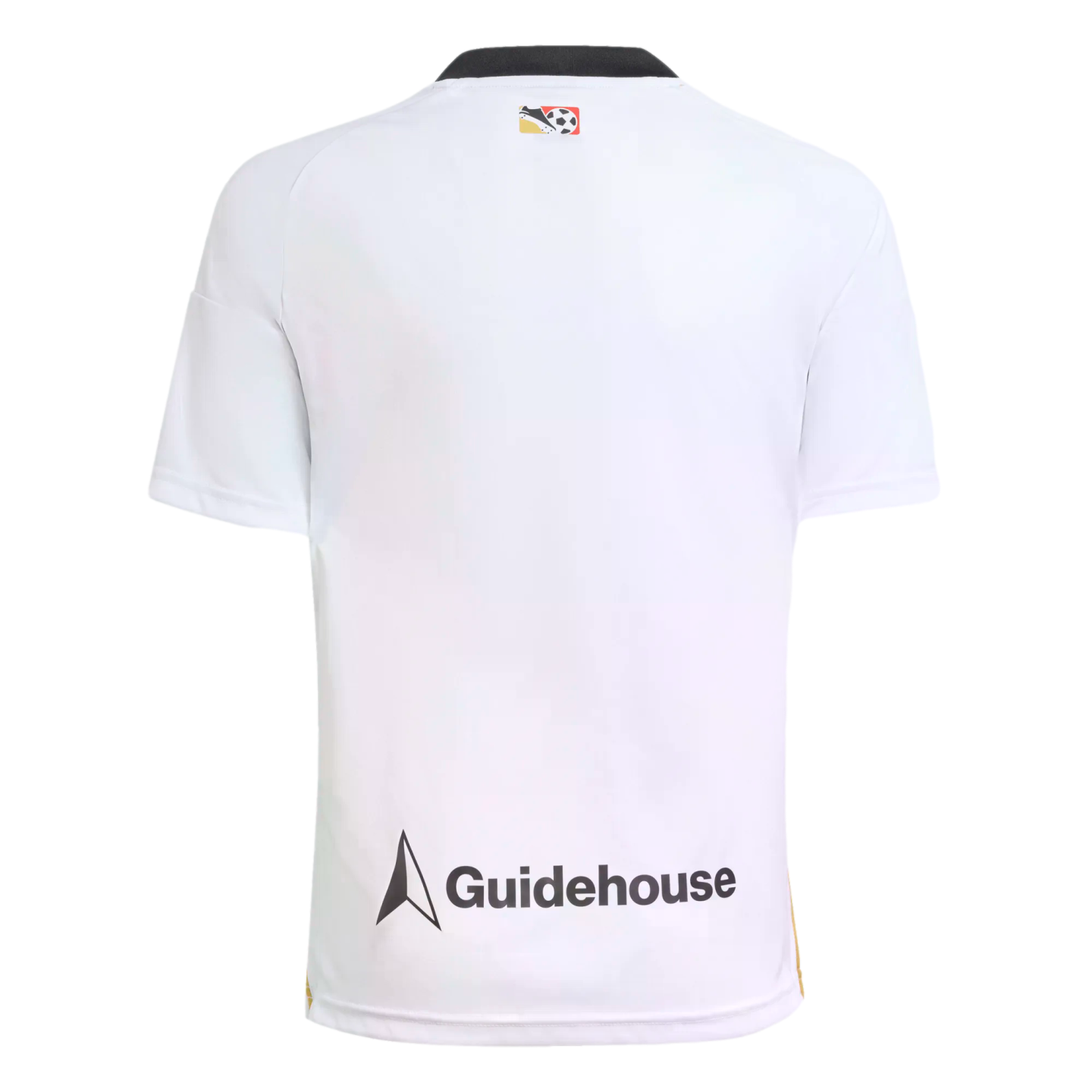 Back view of a white short-sleeve soccer jersey featuring a black collar, a small colorful crest near the neck, and a Guidehouse logo with a triangular icon at the bottom.