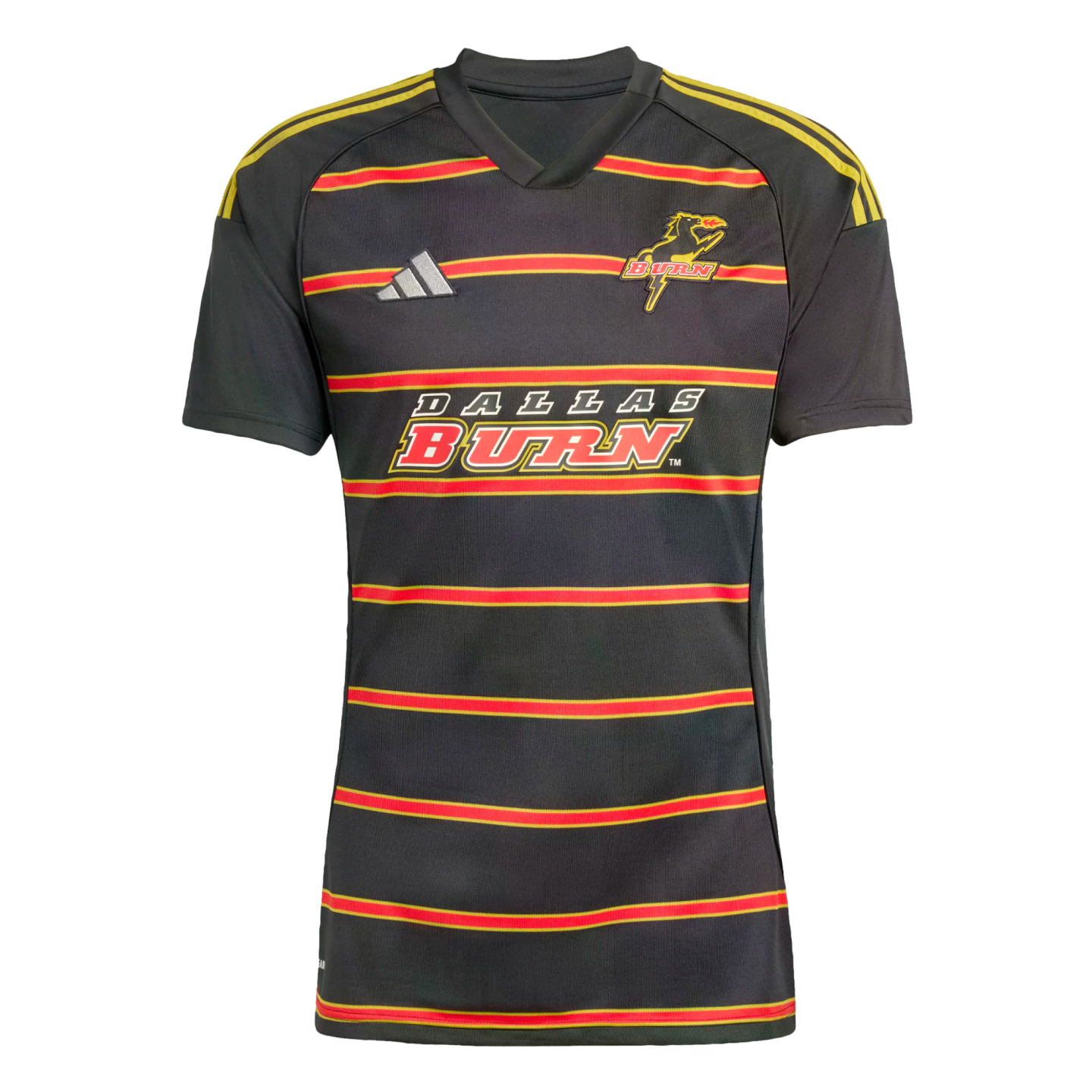 Black Adidas soccer jersey with thin red and yellow horizontal stripes, featuring the vintage Dallas Burn logo and text across the chest.