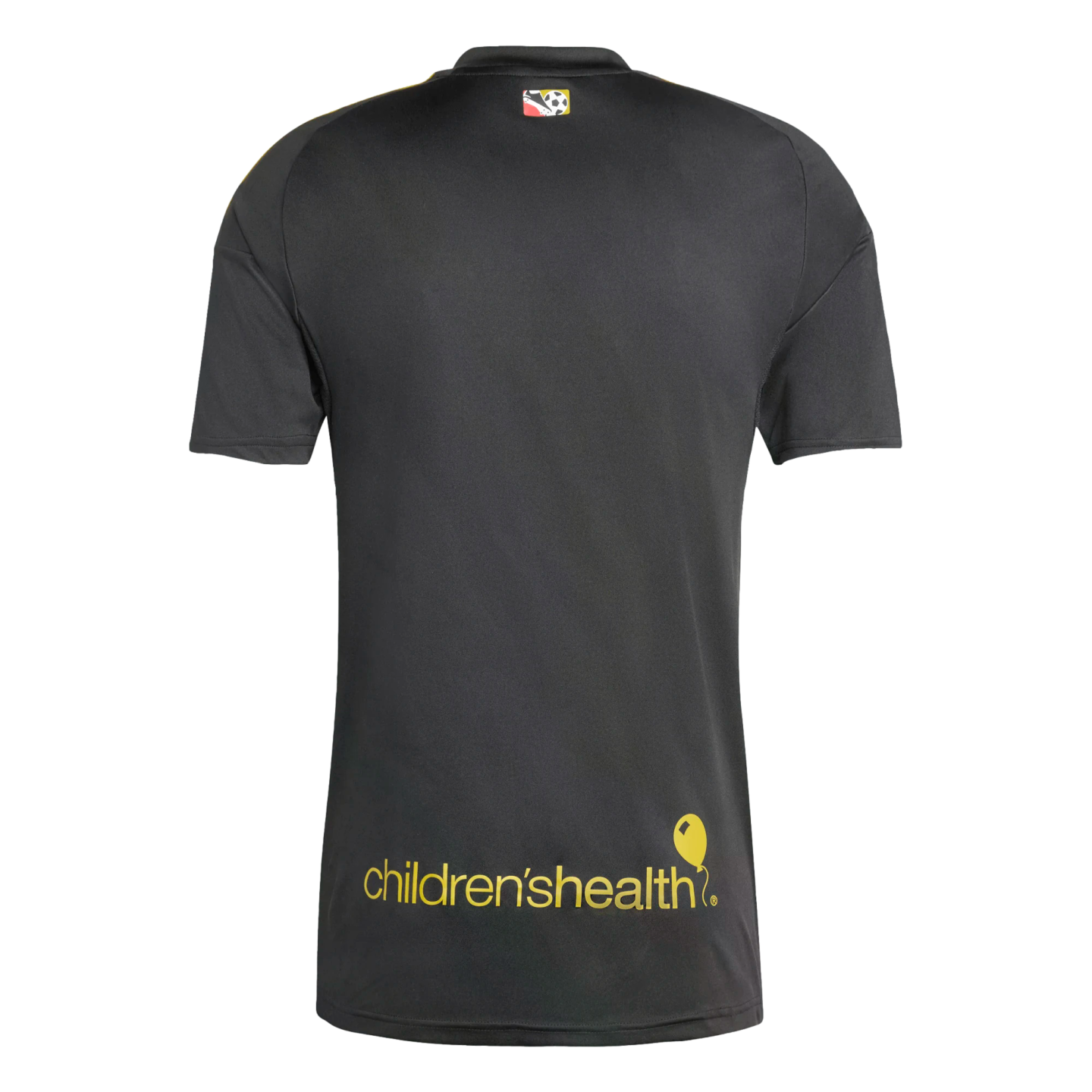 The back of a black short-sleeve shirt featuring a small logo on the upper back and the yellow "children'shealth" logo with a balloon icon at the lower back.