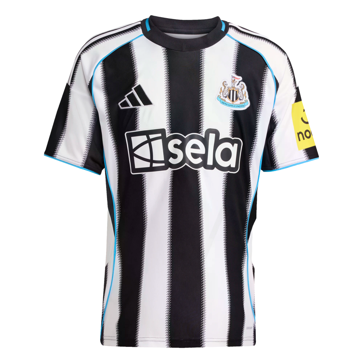 Newcastle United FC home jersey by Adidas featuring black and white vertical stripes, light blue trim, and the Sela sponsorship logo.