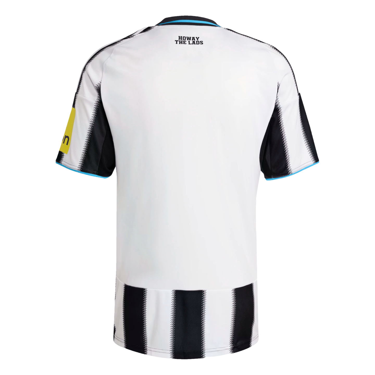 Rear view of a white short-sleeved sports jersey with black stripes on the sleeves and lower back, featuring "HOWAY THE LADS" text below the blue-trimmed collar.