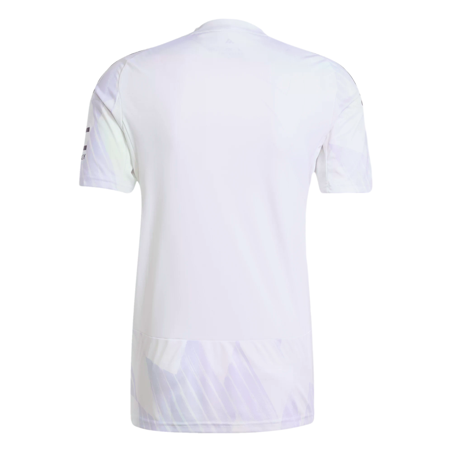 Back view of a white short-sleeved jersey with light purple geometric accents on the sleeves and lower hem, against a solid black background.