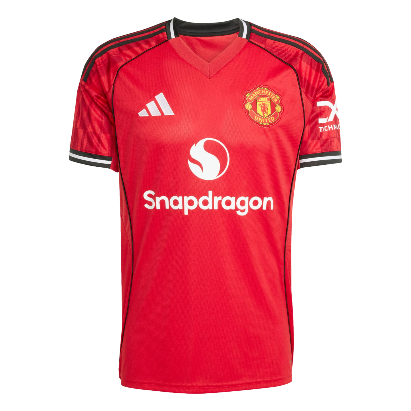Red Manchester United home jersey with white Snapdragon sponsor, club crest, and Adidas logo.