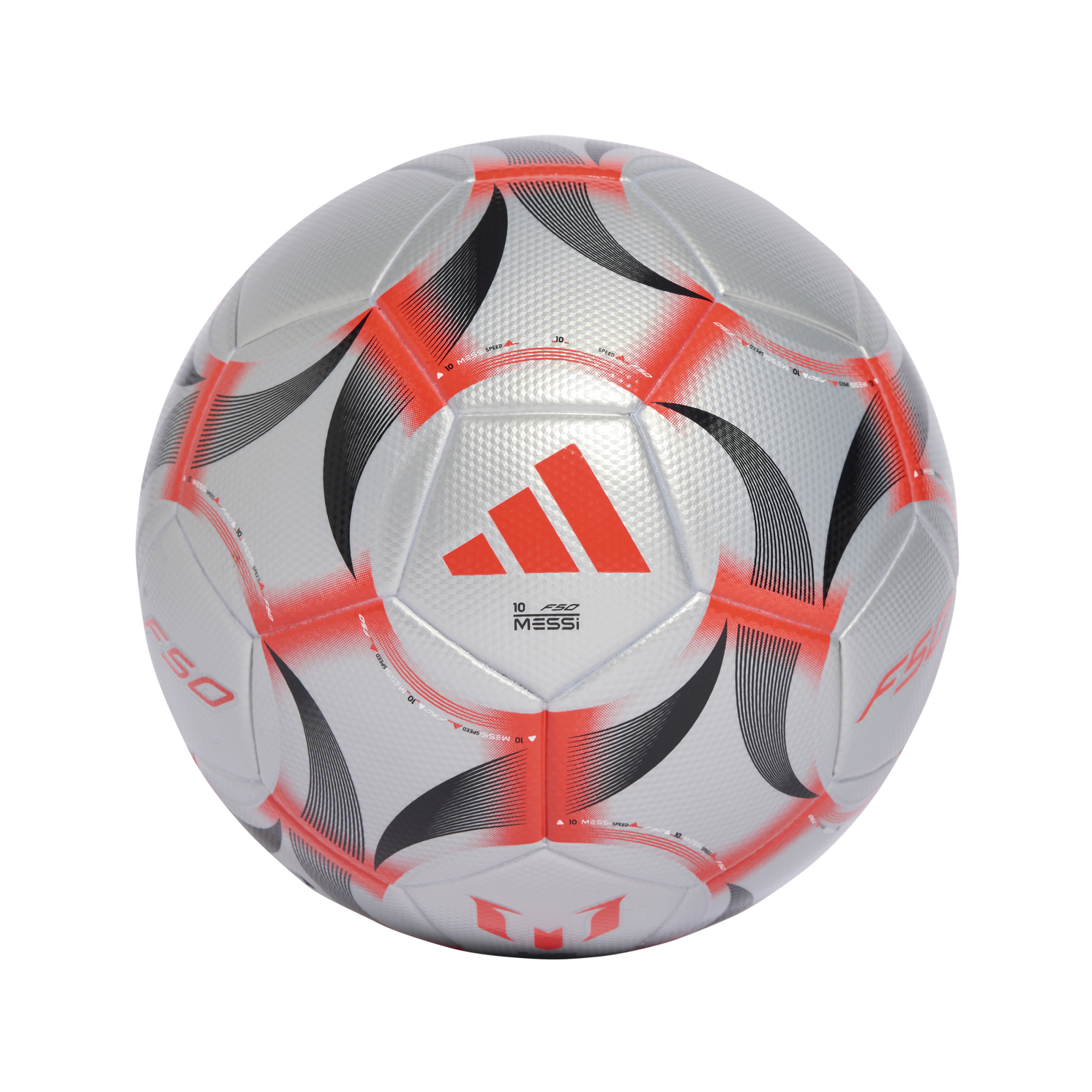 Silver Adidas soccer ball with red and black graphic accents and "MESSI" branding, centered on a black background.