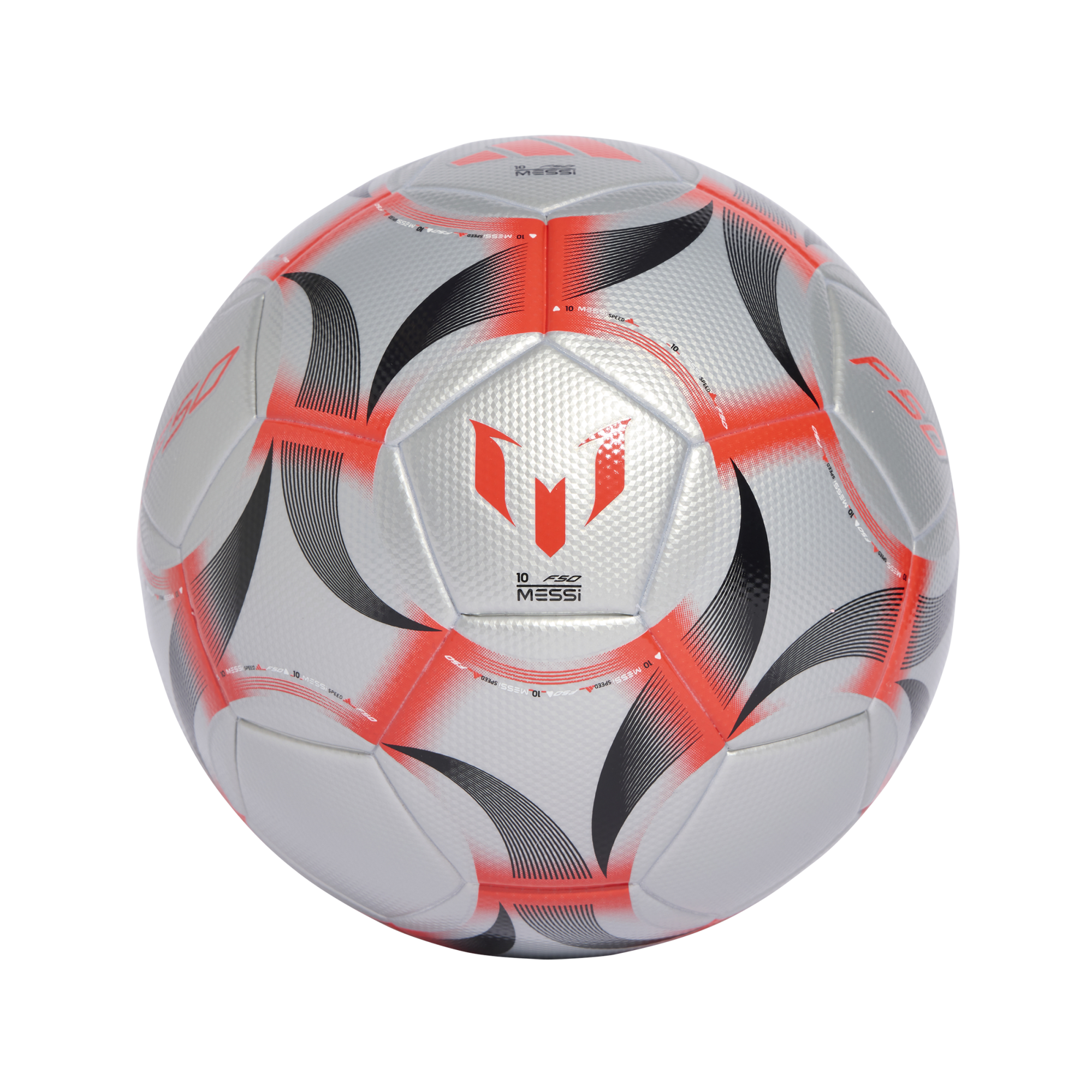 Silver soccer ball with vibrant red and black graphic patterns, featuring the Lionel Messi logo and "F50" branding against a solid black background.