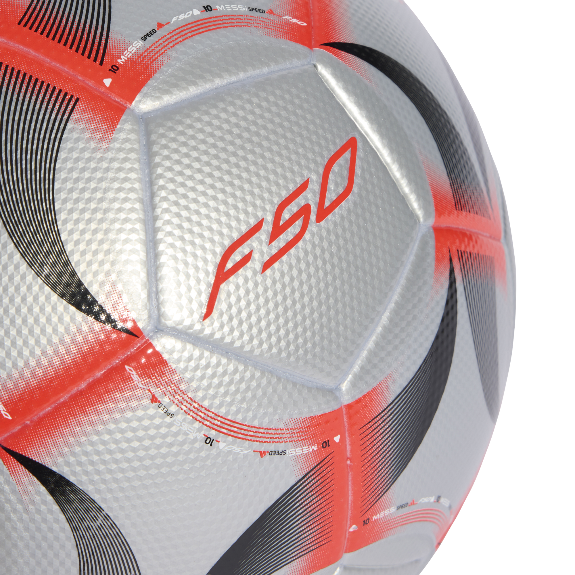 A textured silver soccer ball with red and black accents, featuring a large red "F50" logo on its surface.