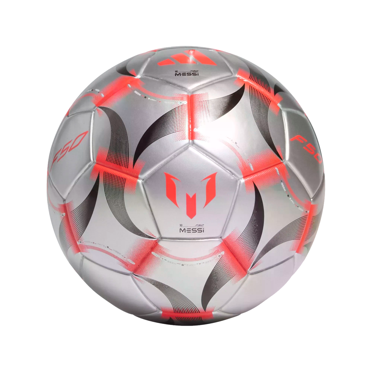 Silver Adidas F50 soccer ball with red and black graphics, featuring the Lionel Messi logo and name.