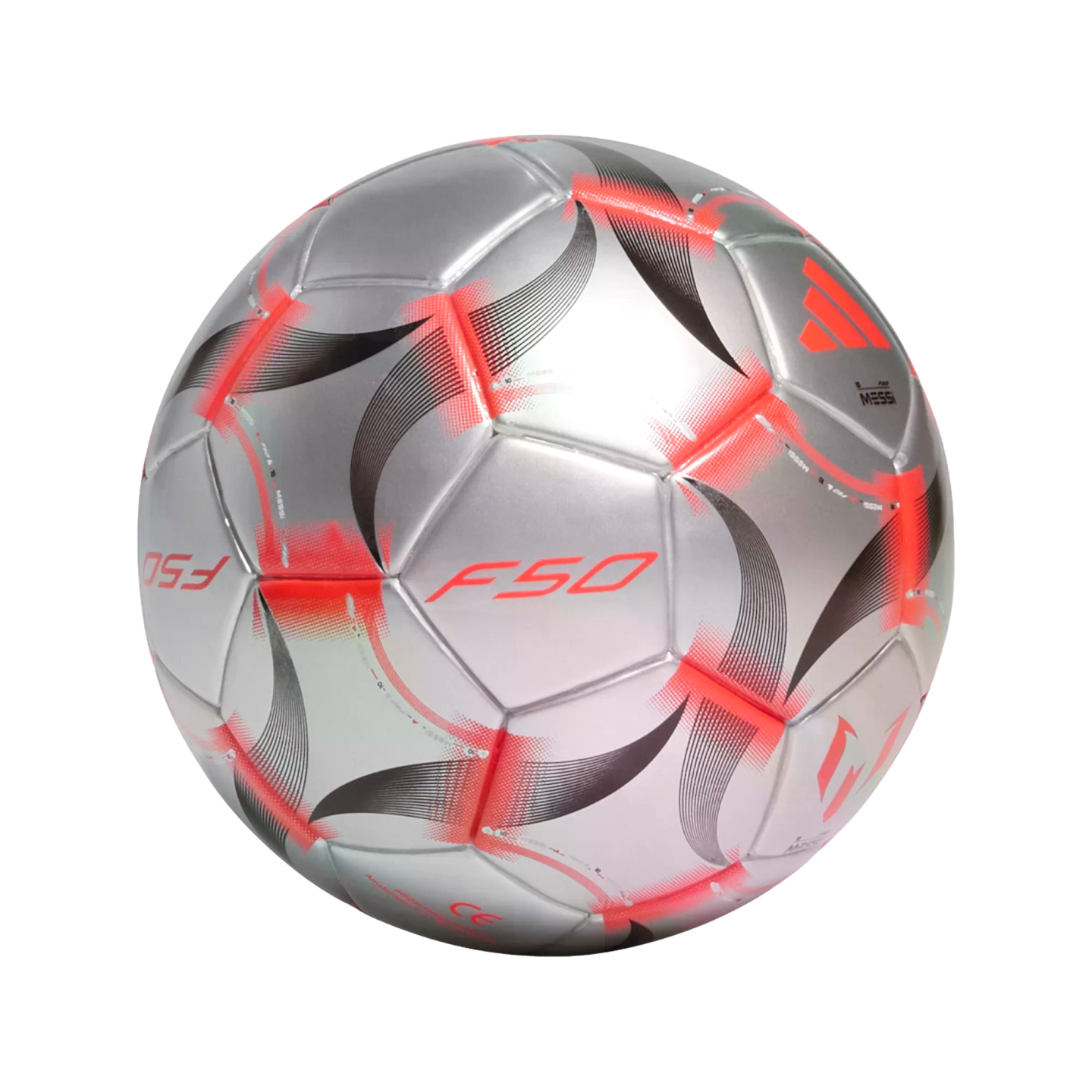 A silver metallic soccer ball featuring bright orange accents, black swoosh patterns, and "F50" branding alongside the Adidas Messi logo.