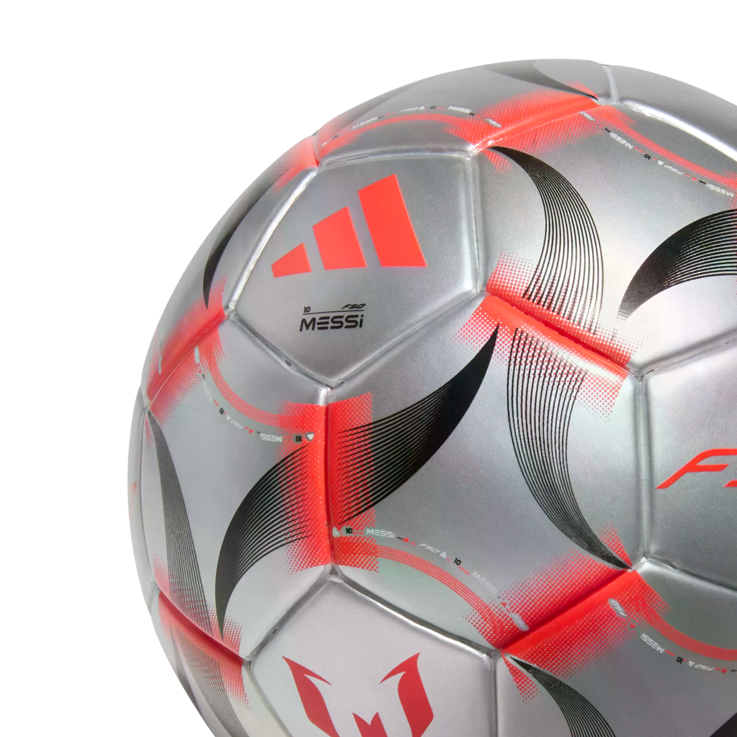A silver Adidas soccer ball with red and black graphics, featuring Messi's name and personal logo.