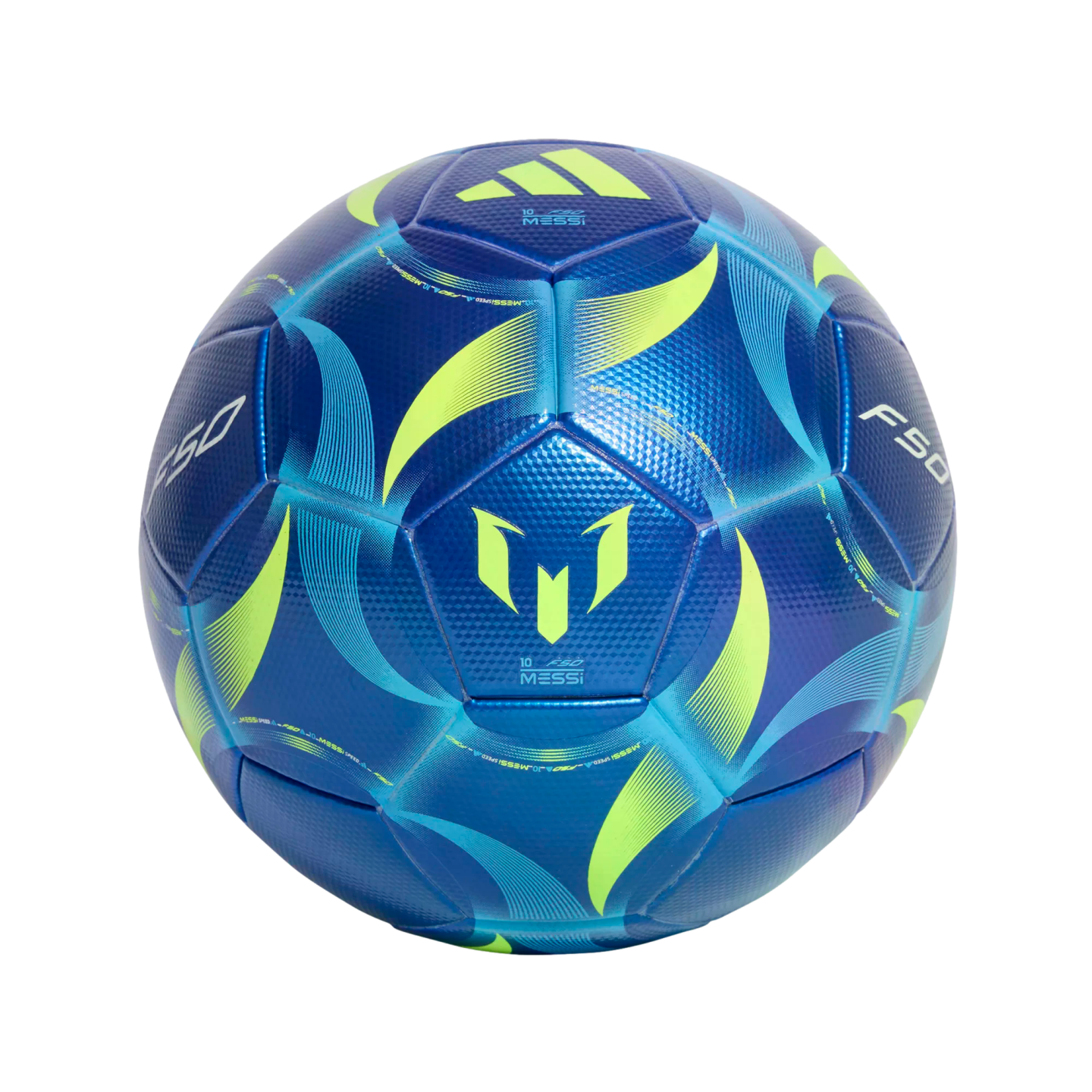 A blue Adidas F50 soccer ball featuring lime green and cyan graphics, Lionel Messi's signature logo, and "10 MESSI" branding.