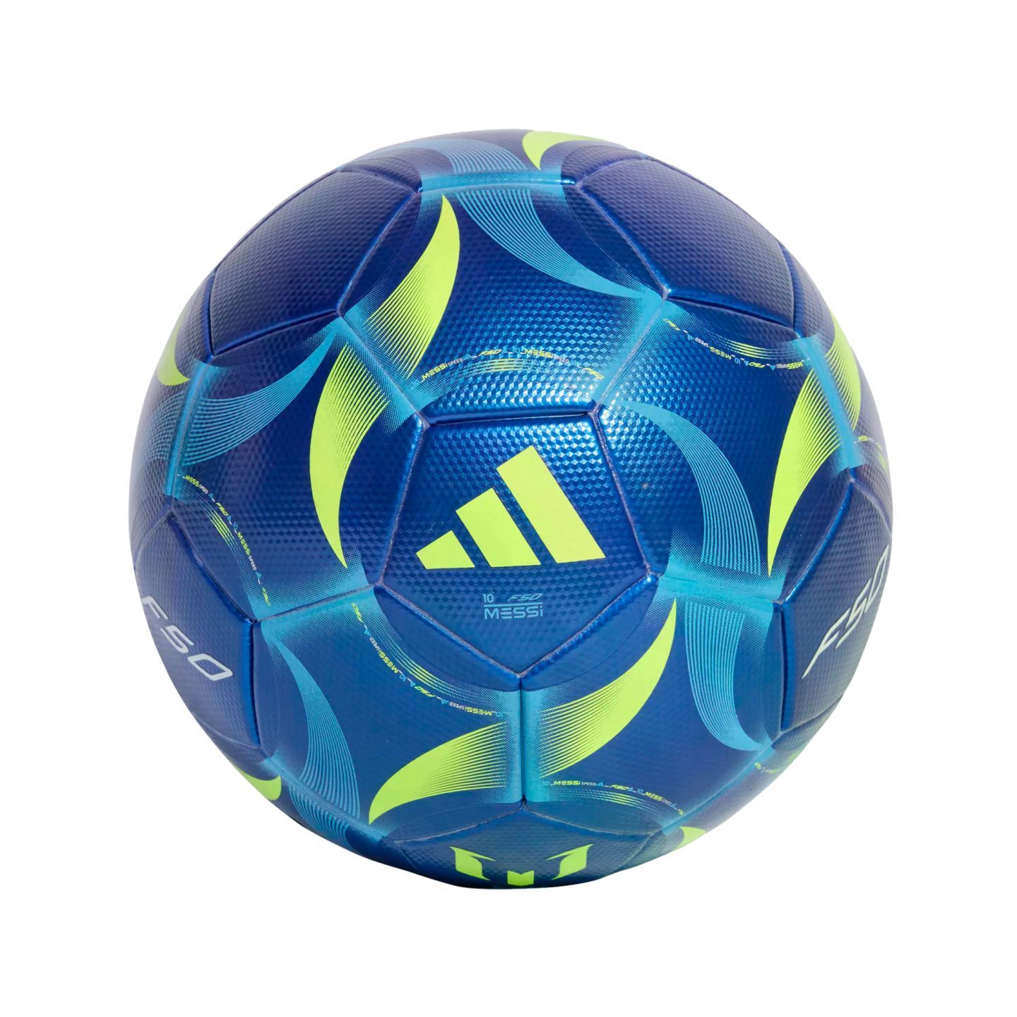 A blue Adidas F50 Messi soccer ball with lime green and cyan graphics on a black background.
