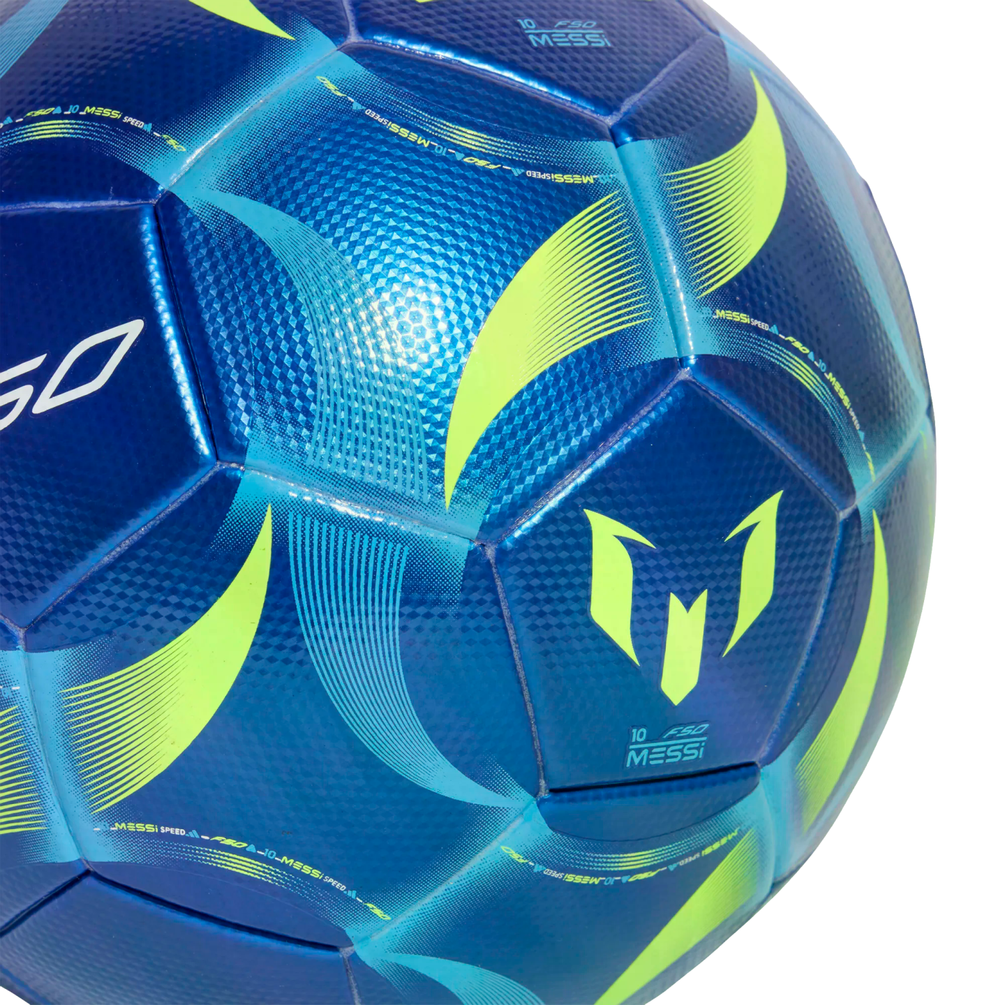 Blue and neon green Adidas F50 Messi soccer ball featuring his logo and "10 MESSI" branding on textured panels.