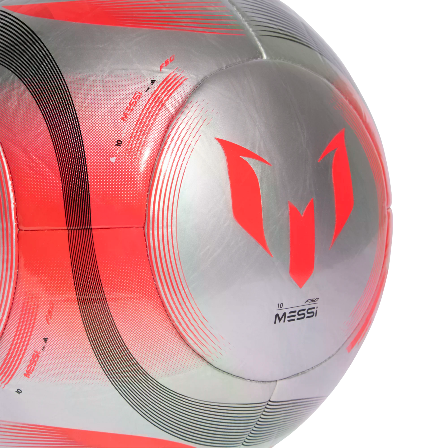 A silver soccer ball with red and black graphics, featuring the Messi brand logo and "10 MESSI" text.