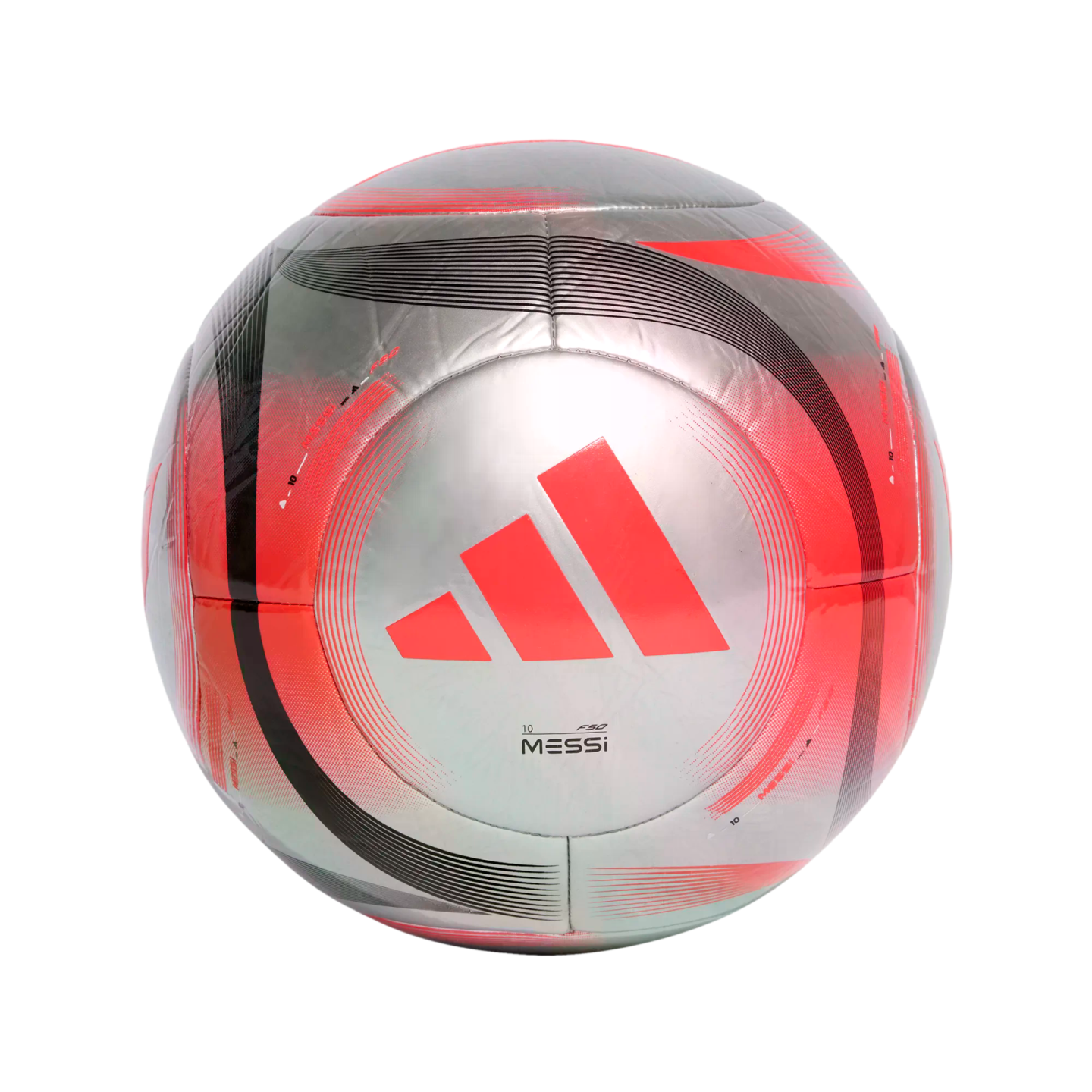 Silver Adidas soccer ball with red and black graphics, featuring Lionel Messi branding and the number 10.