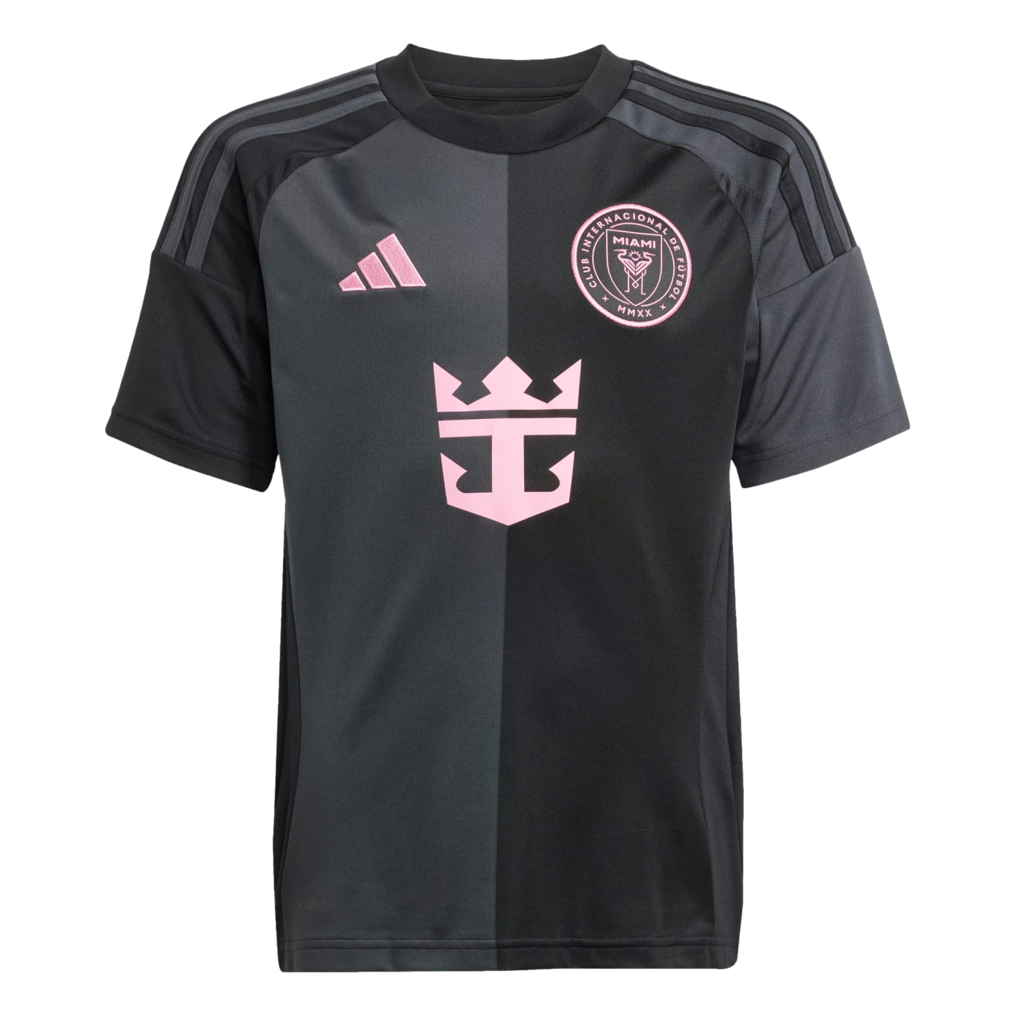 Charcoal and black split-design Inter Miami CF soccer jersey featuring pink logos for Adidas, the team crest, and Royal Caribbean.