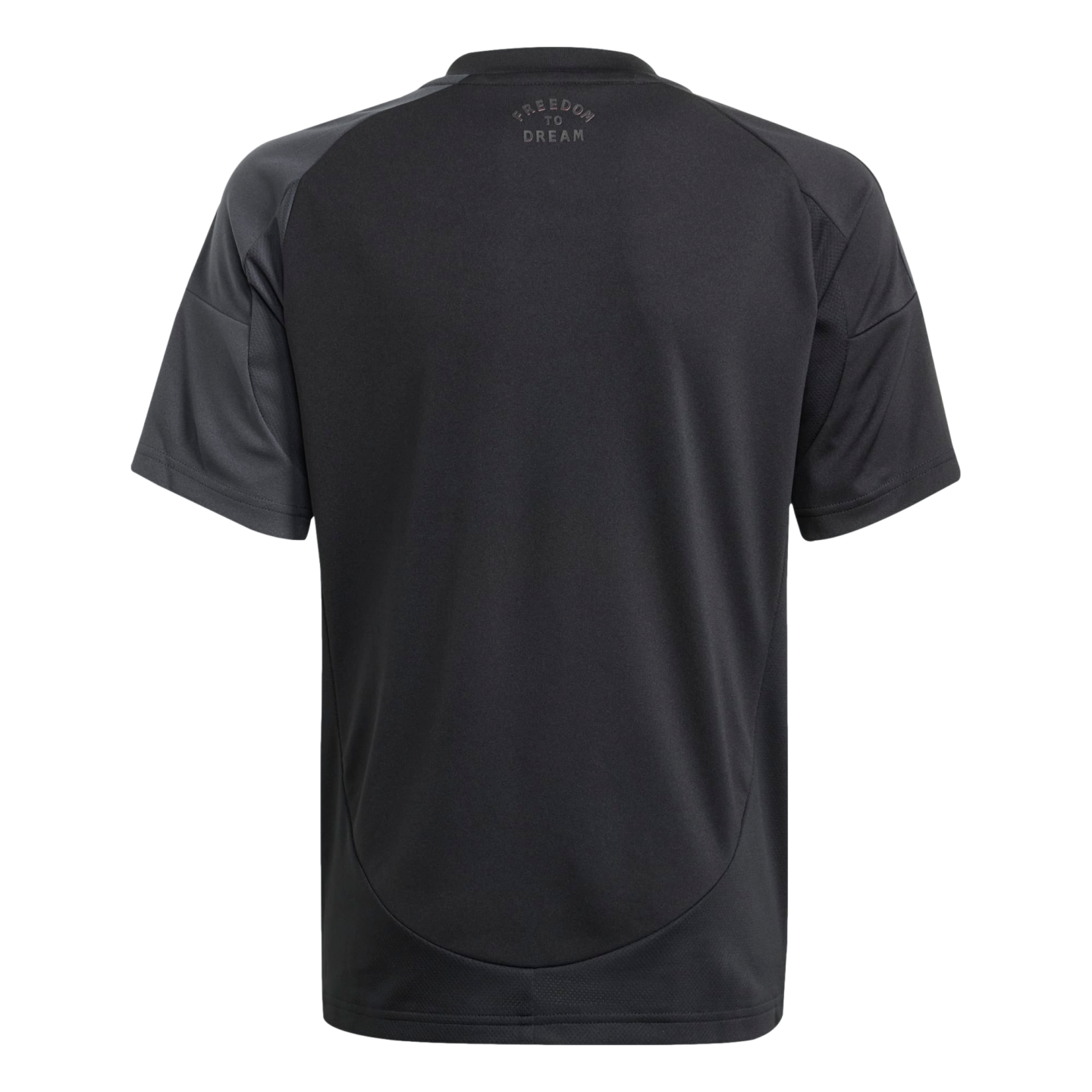 Back view of a black short-sleeved athletic shirt with "FREEDOM TO DREAM" printed in small grey text below the collar.