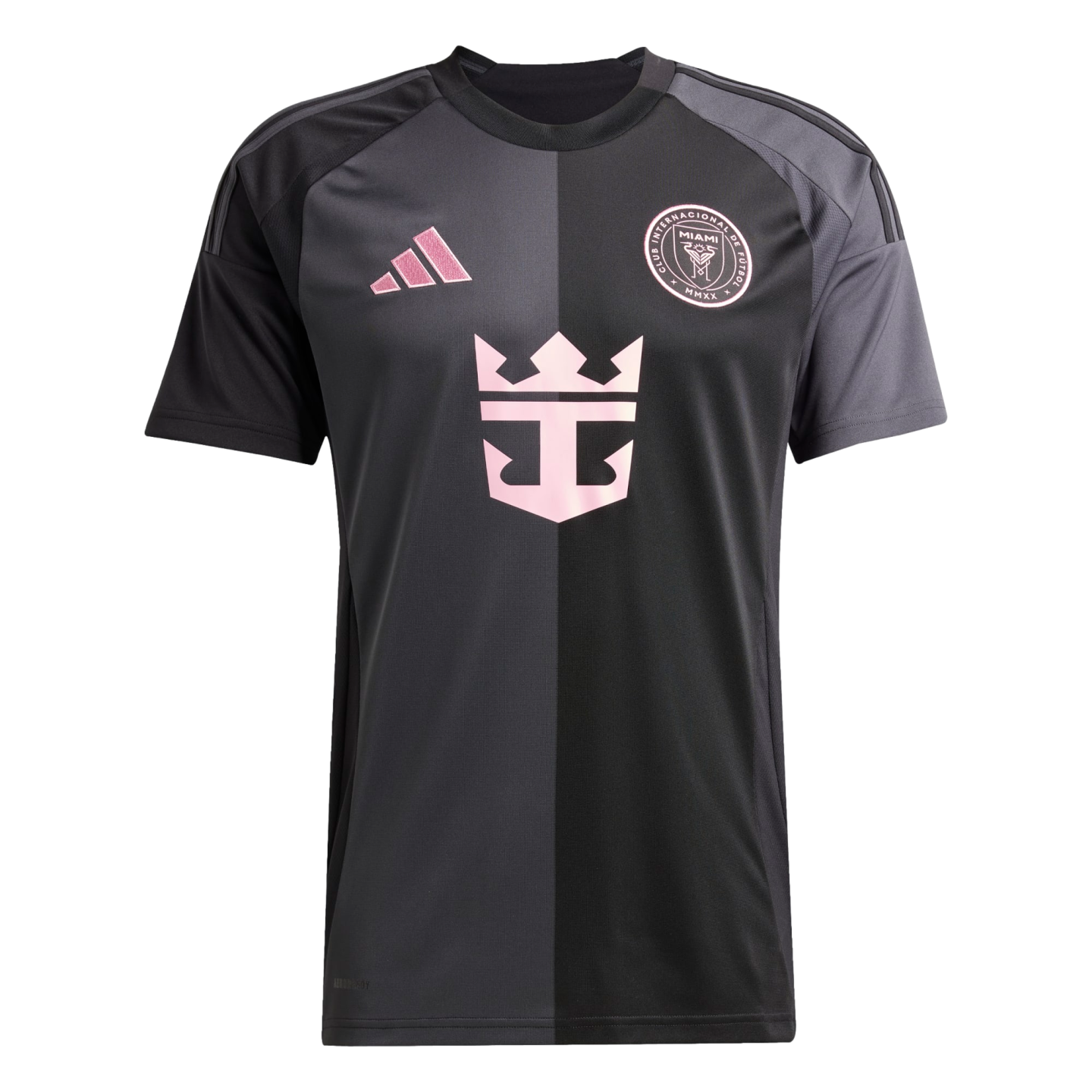 Inter Miami CF soccer jersey with a black and grey vertical split. Features a pink Adidas logo, team crest, and Royal Caribbean sponsor logo on the front.