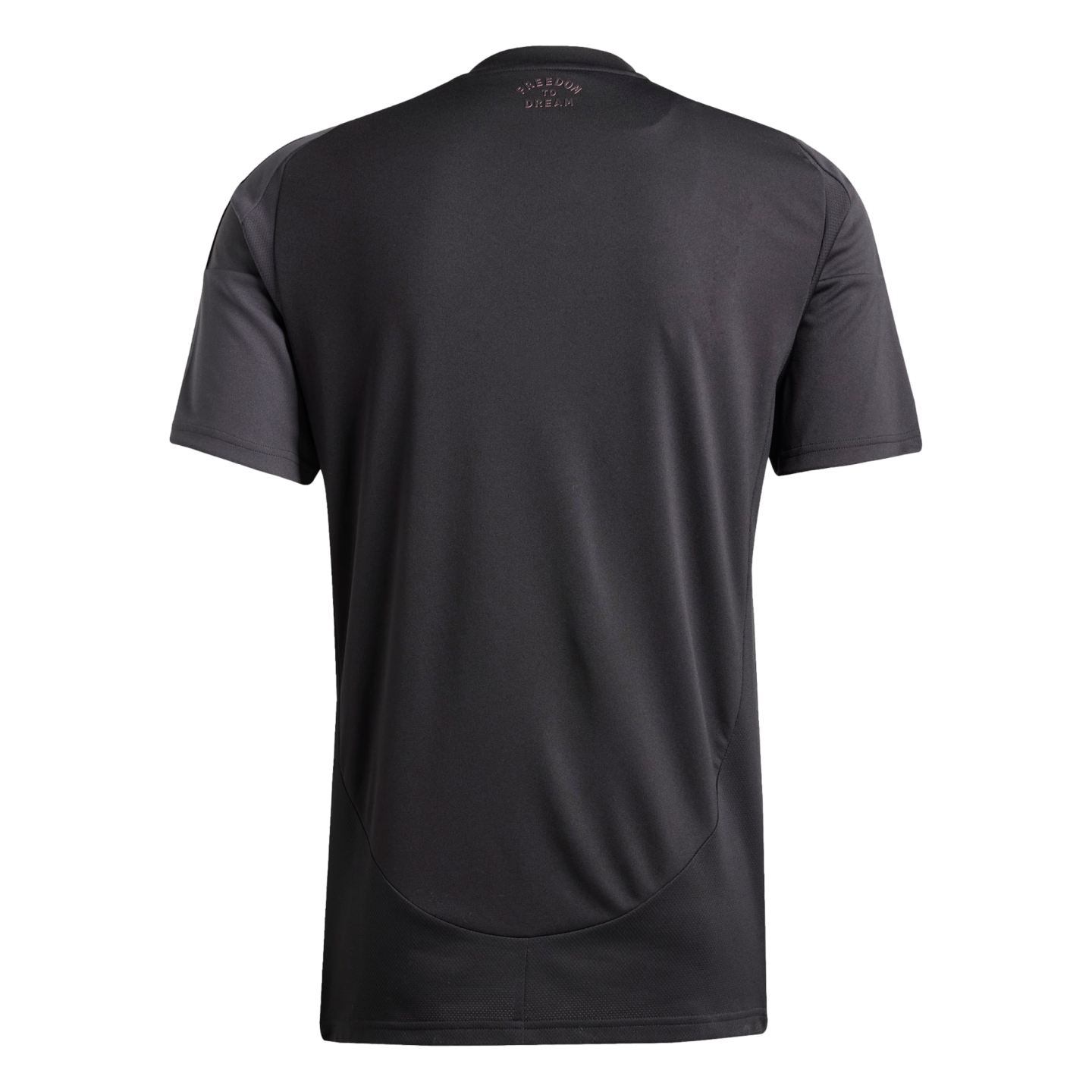 Back view of a black short-sleeved t-shirt with small pink "FREEDOM TO DREAM" text on the upper back.