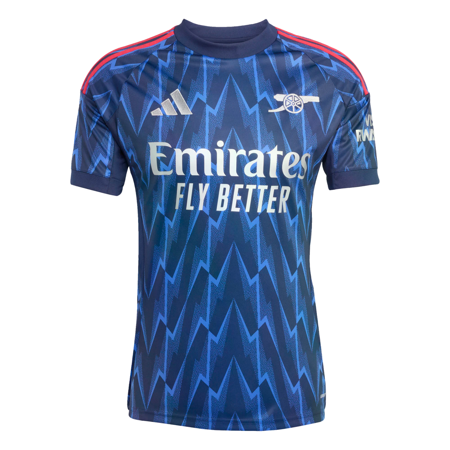 Blue Arsenal football jersey with a jagged lightning pattern, white "Emirates FLY BETTER" sponsor, silver cannon crest, and red shoulder stripes.