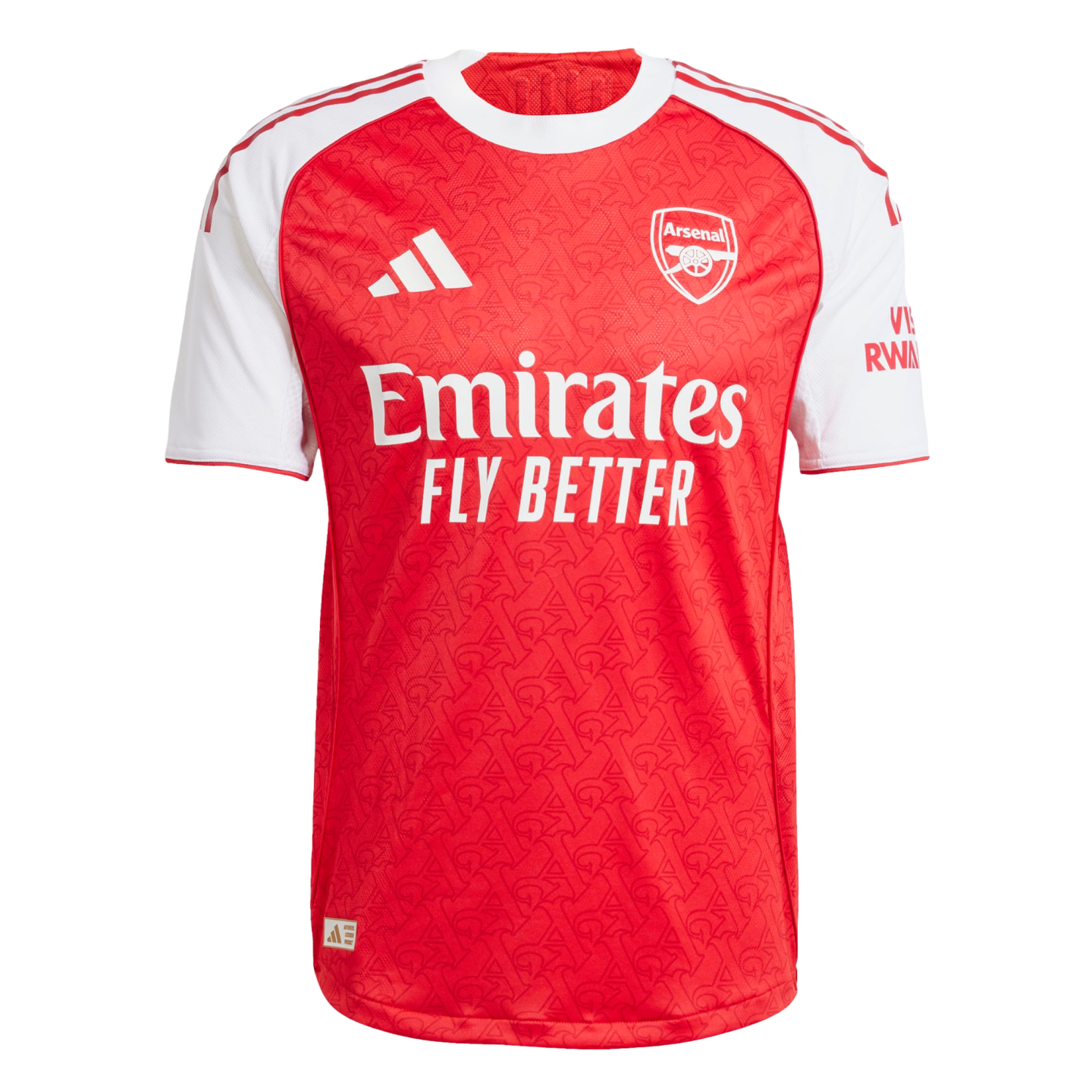 Front view of an Arsenal home soccer jersey: red patterned torso, white sleeves with red stripes, club crest, Adidas logo, and "Emirates FLY BETTER" sponsor.