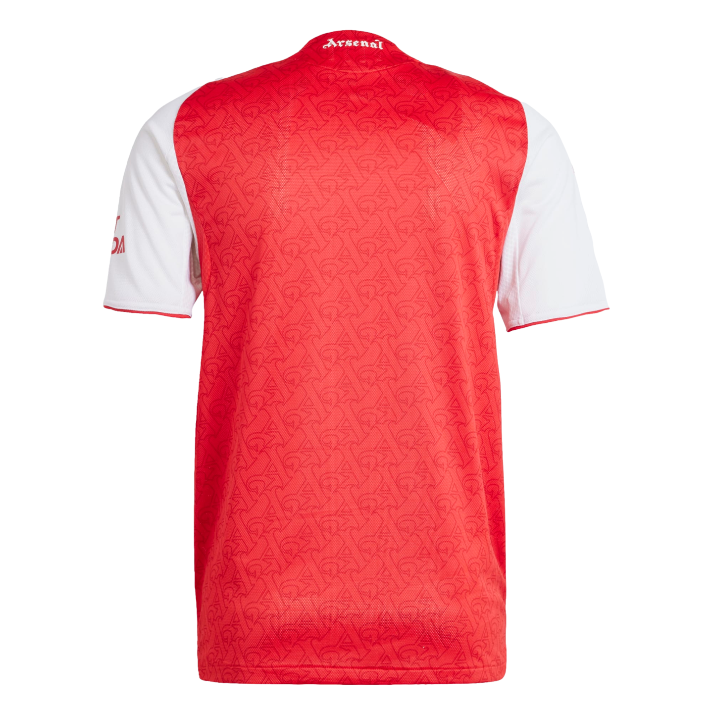 Rear view of a red and white short-sleeved Arsenal soccer jersey with a tonal graphic pattern and "Arsenal" printed on the back of the neck.