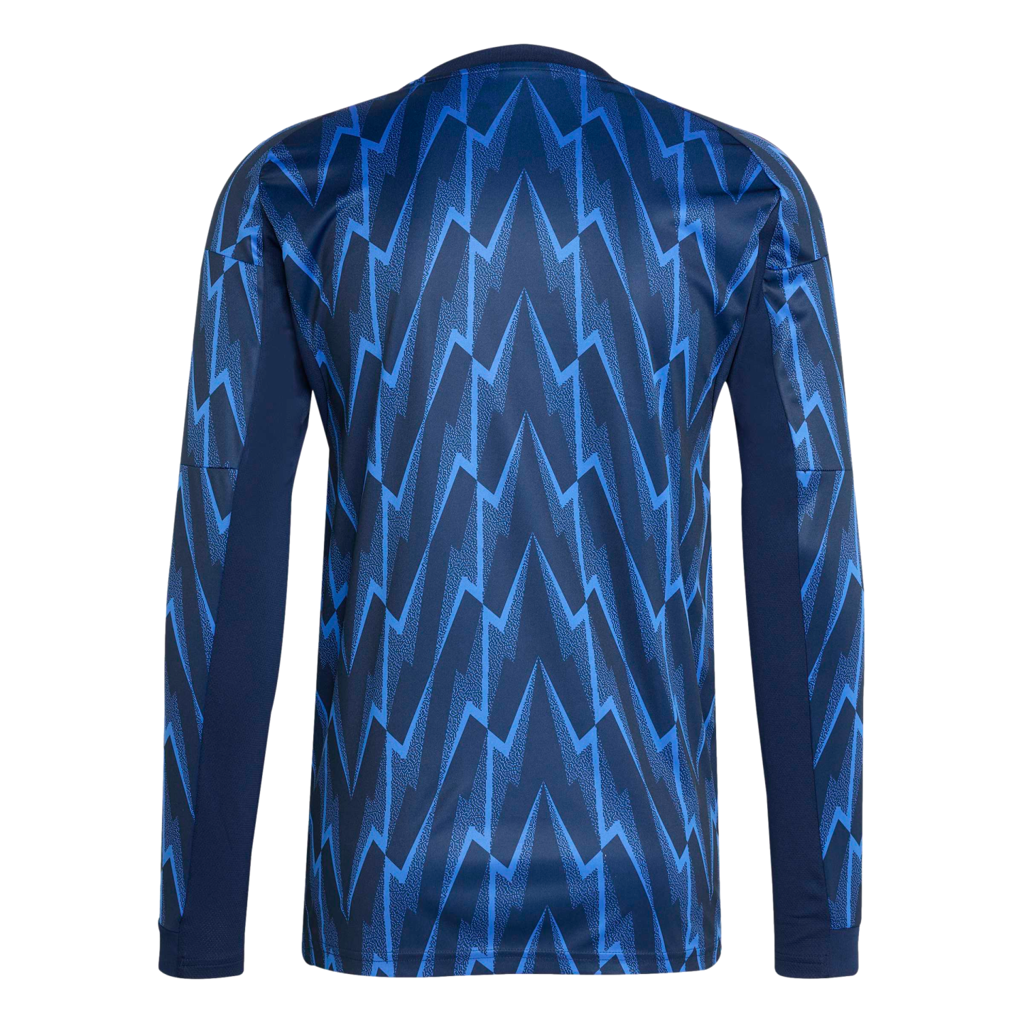 Back view of a long-sleeved navy blue athletic jersey featuring a repeating bright blue vertical zigzag lightning bolt pattern.