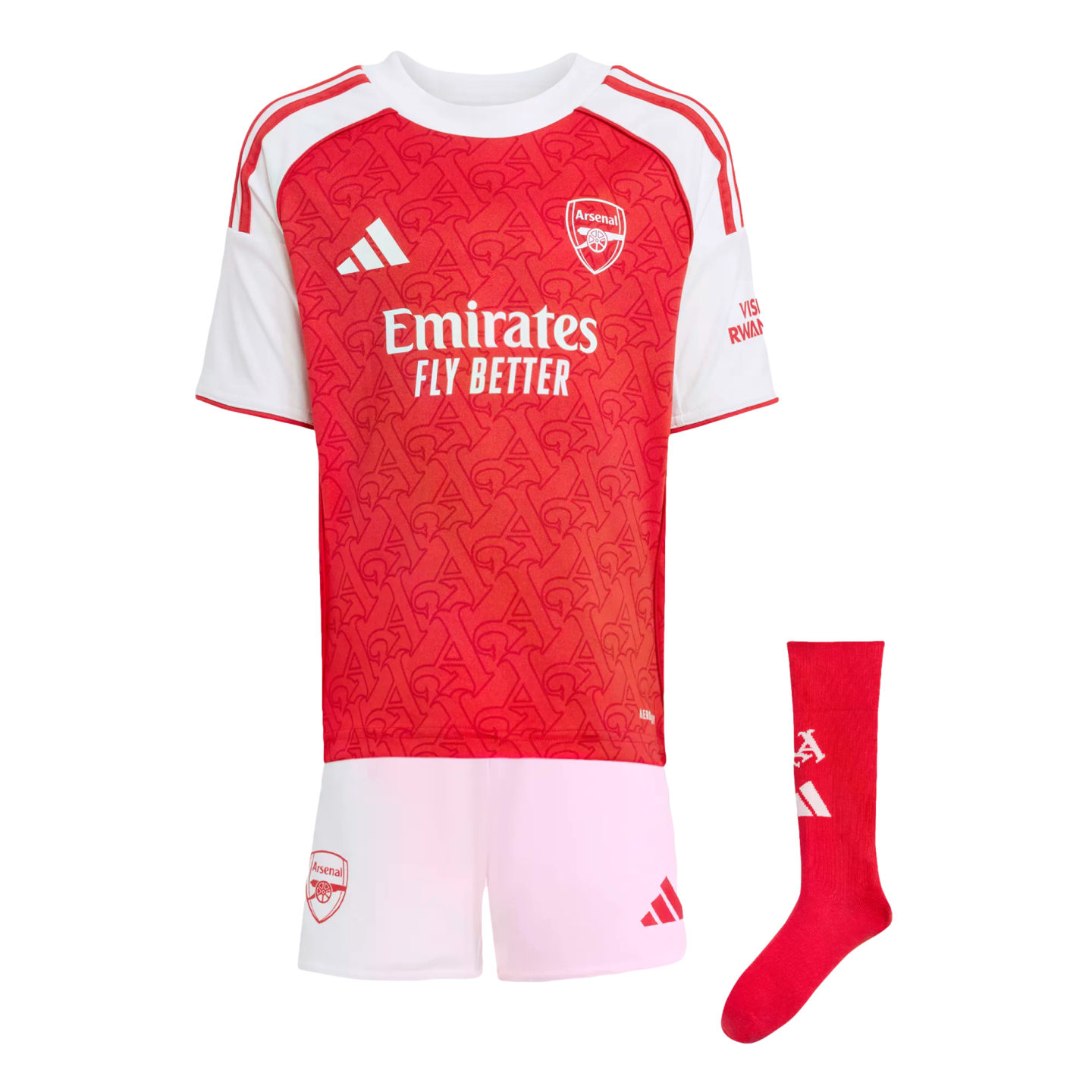 Arsenal home football kit featuring a red and white jersey, white shorts, and a single red sock.