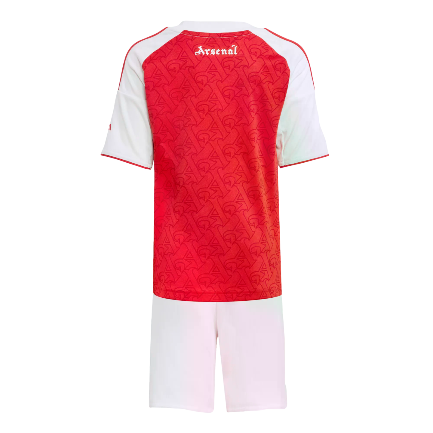 Back view of an Arsenal kids' football kit featuring a red patterned jersey with white sleeves and "Arsenal" script on the upper back, paired with white shorts.