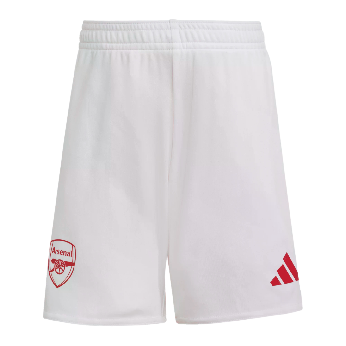 White football shorts featuring a red Arsenal F.C. crest on the left leg and a red Adidas logo on the right.