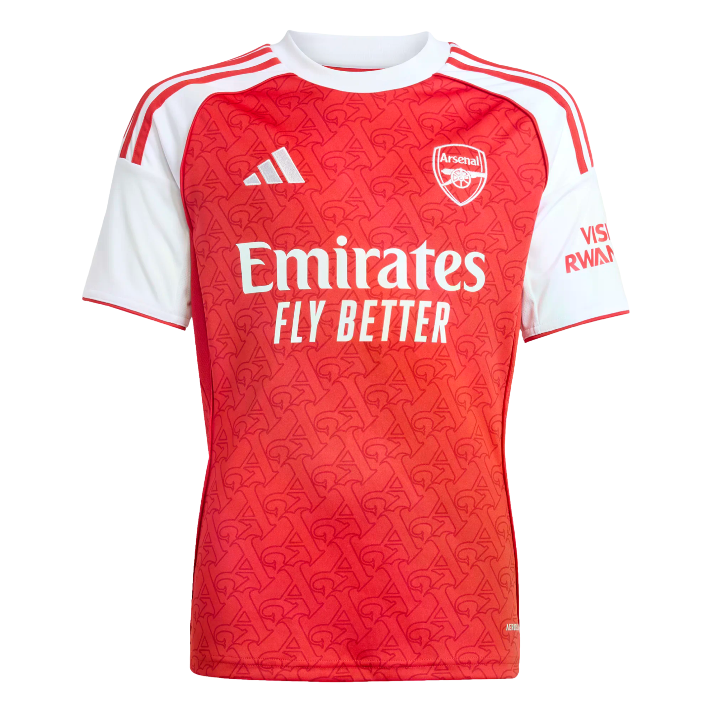 Red and white Arsenal 2024-25 home football shirt featuring a patterned red torso, white sleeves, the club crest, Adidas logo, and Emirates sponsor.